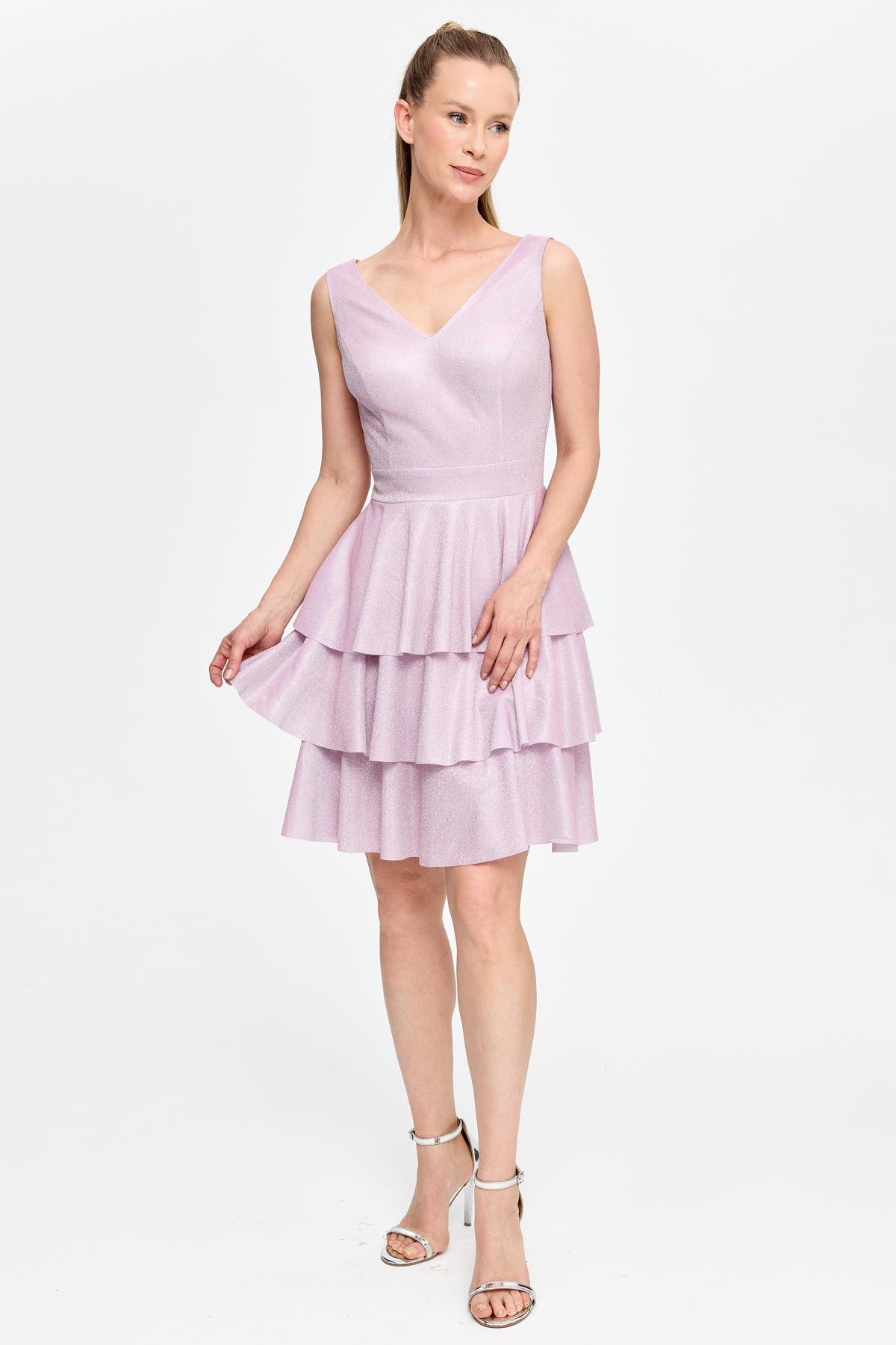 Simli ve Kat Kat Detaylı Kısa Abiye - PUDRA