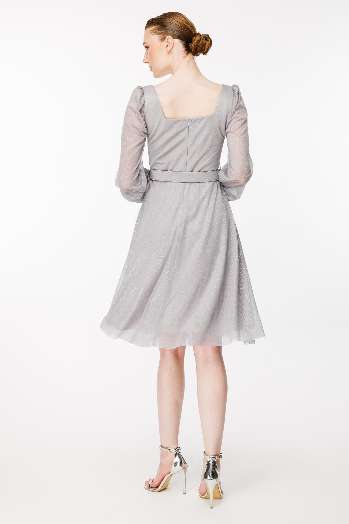 Simli Ve Kemerli Kısa Abiye Elbise - GRİ