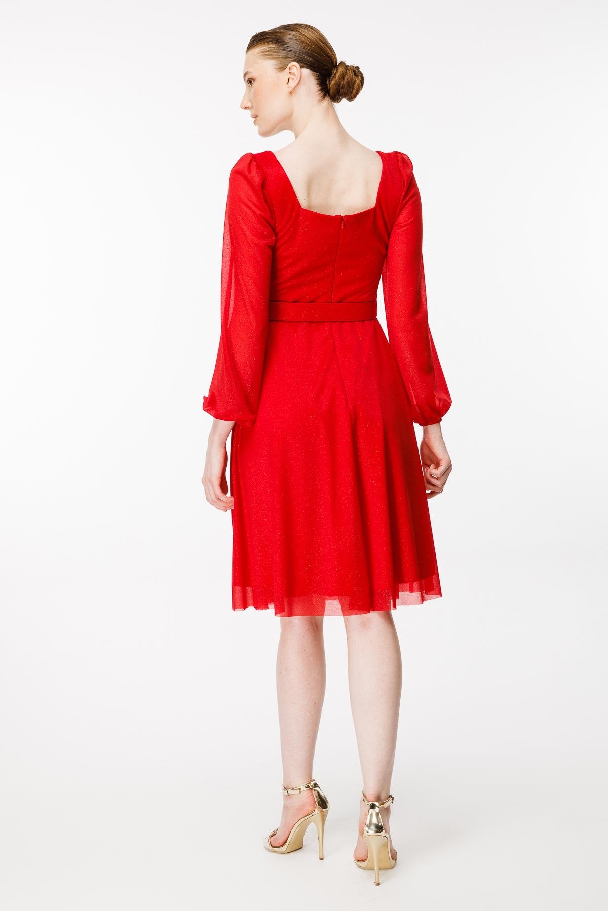 Simli Ve Kemerli Kısa Abiye Elbise - KIRMIZI