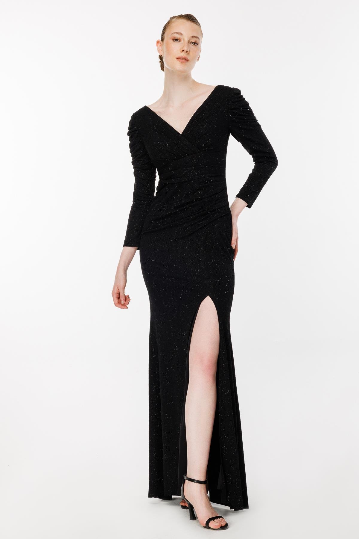 Simli Ve Yırtmaç Detaylı Uzun Abiye - SİYAH