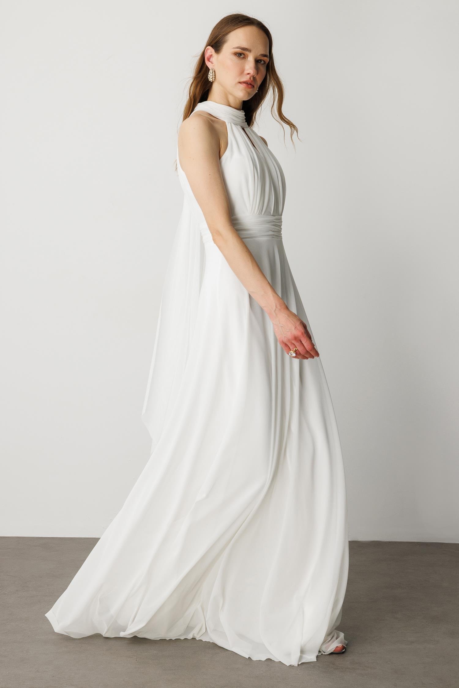 Sırt Dekolteli Kloş Etekli Tül Uzun Abiye Elbise-EKRU