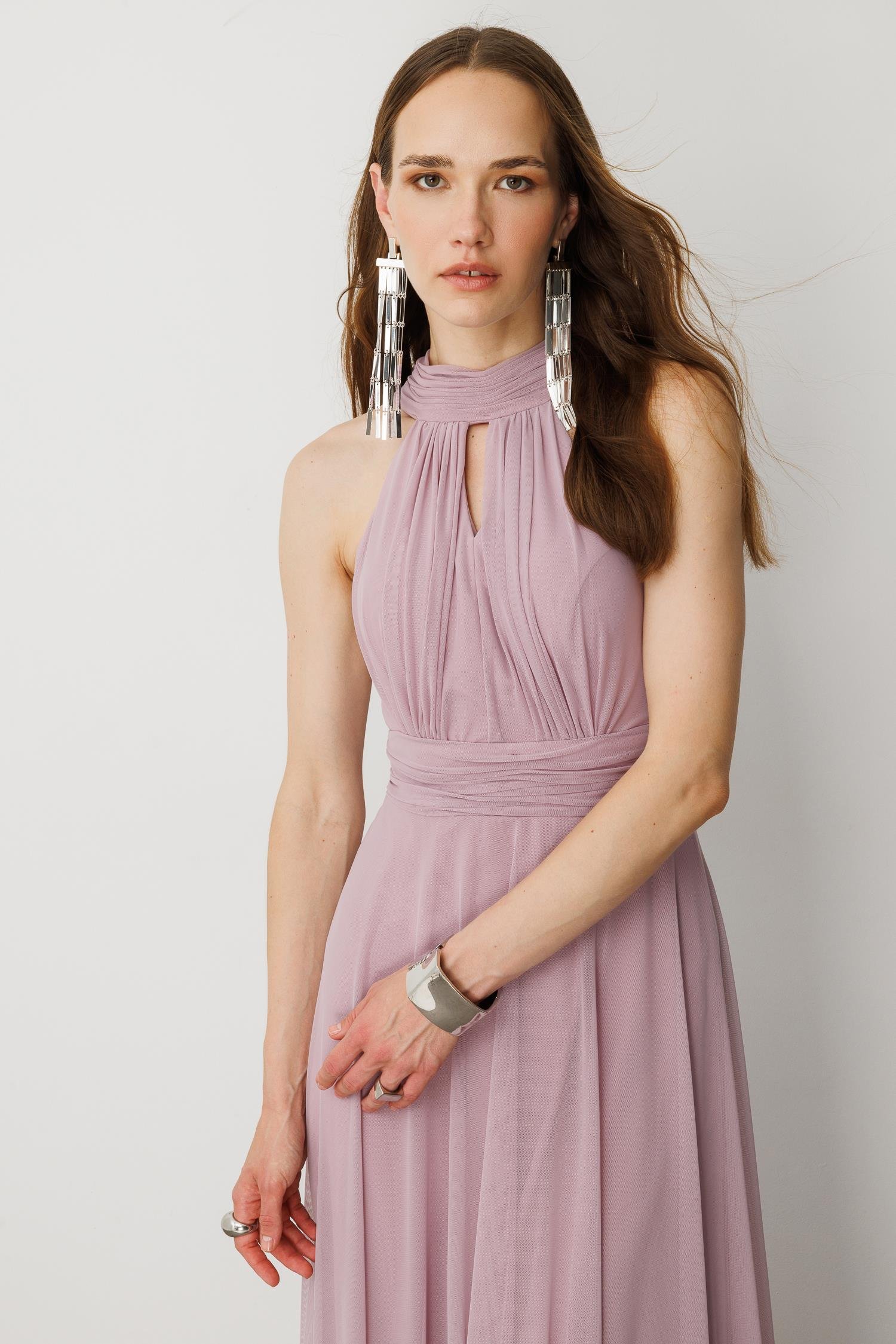 Sırt Dekolteli Kloş Etekli Tül Uzun Abiye Elbise-LAVANTA