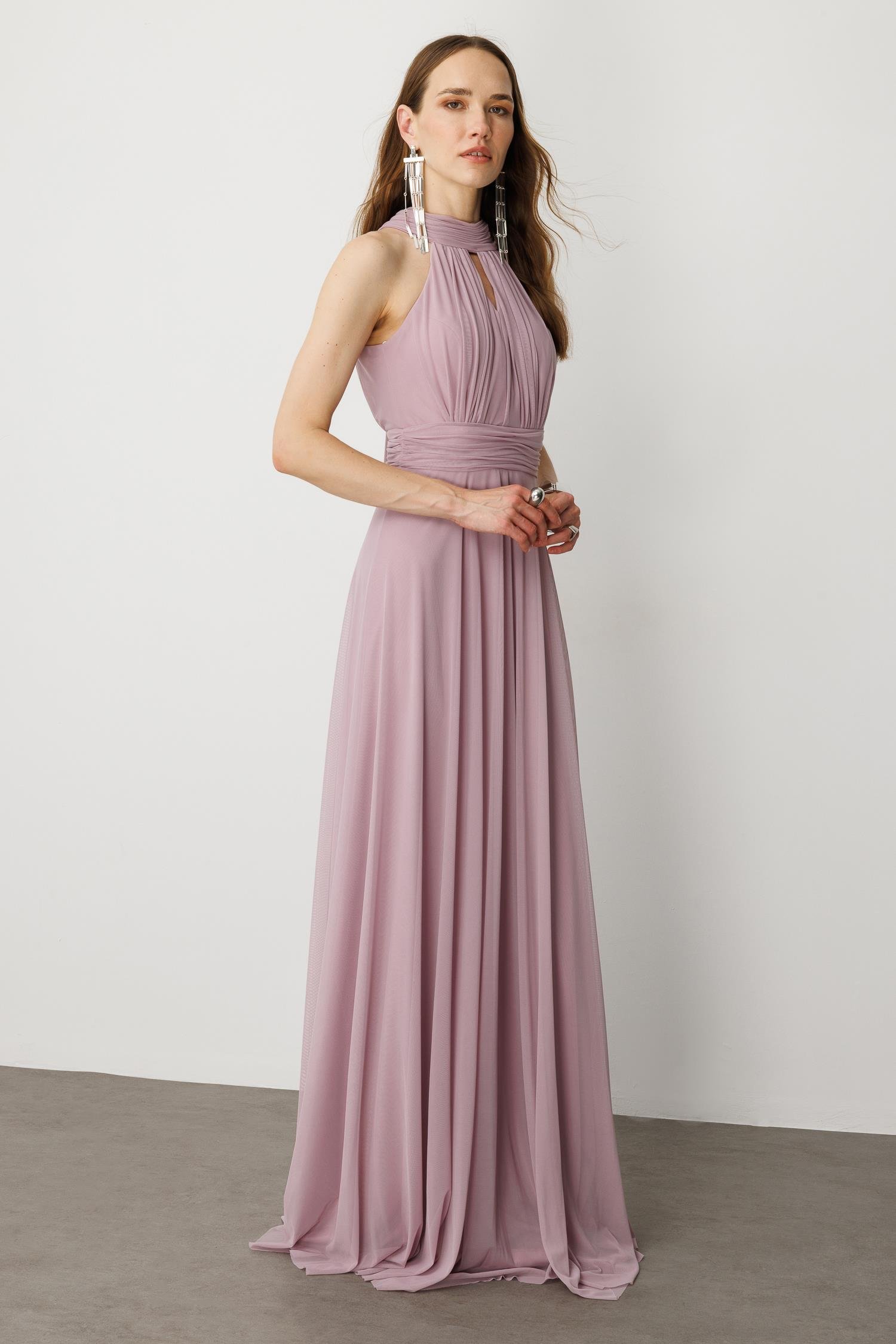 Sırt Dekolteli Kloş Etekli Tül Uzun Abiye Elbise-LAVANTA