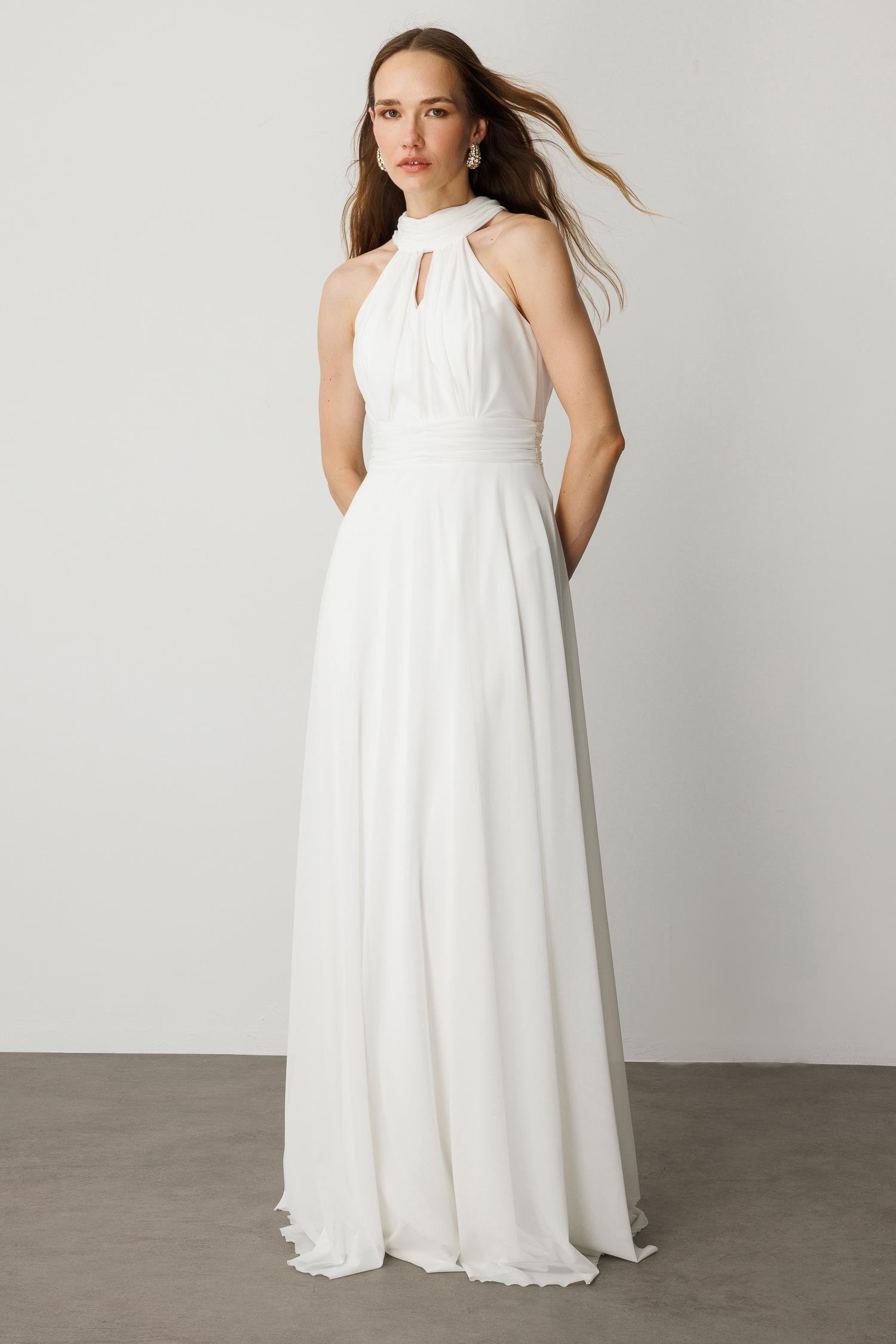 Sırt Dekolteli Kloş Etekli Tül Uzun Abiye Elbise-EKRU