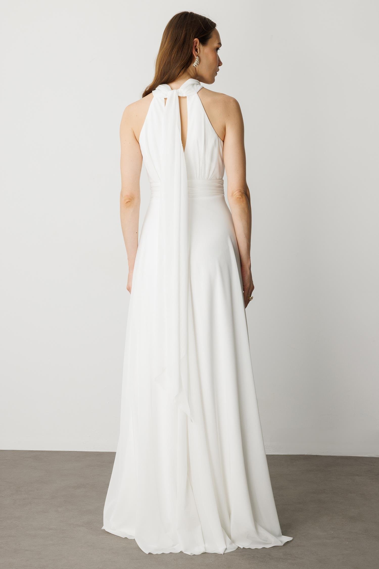 Sırt Dekolteli Kloş Etekli Tül Uzun Abiye Elbise-EKRU