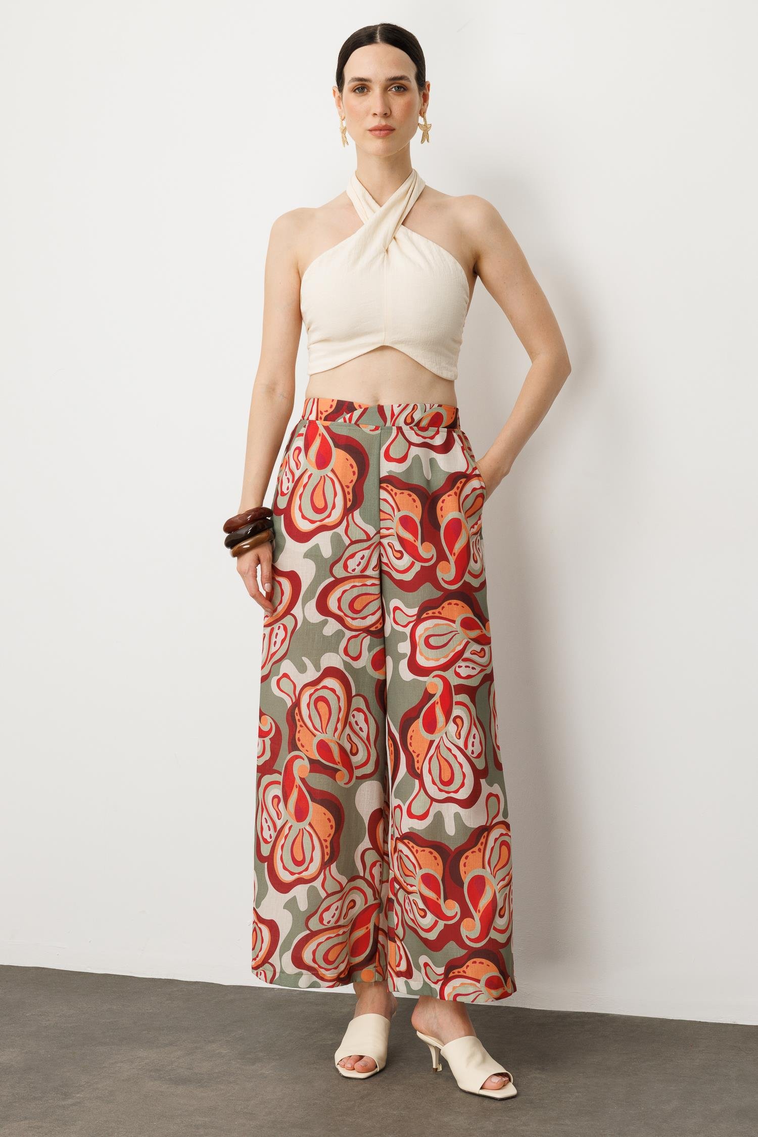 Soyut Baskı Bol Paça Pantolon-ÇAĞLA