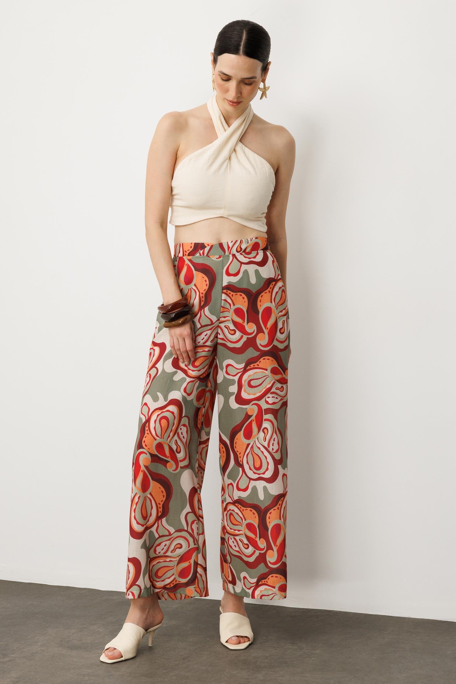 Soyut Baskı Bol Paça Pantolon-ÇAĞLA