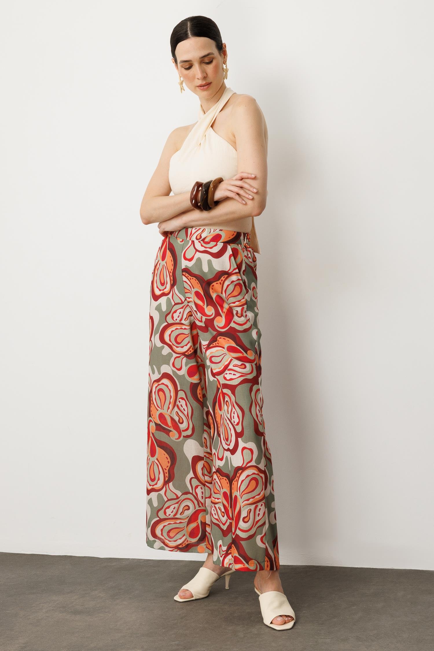 Soyut Baskı Bol Paça Pantolon-ÇAĞLA