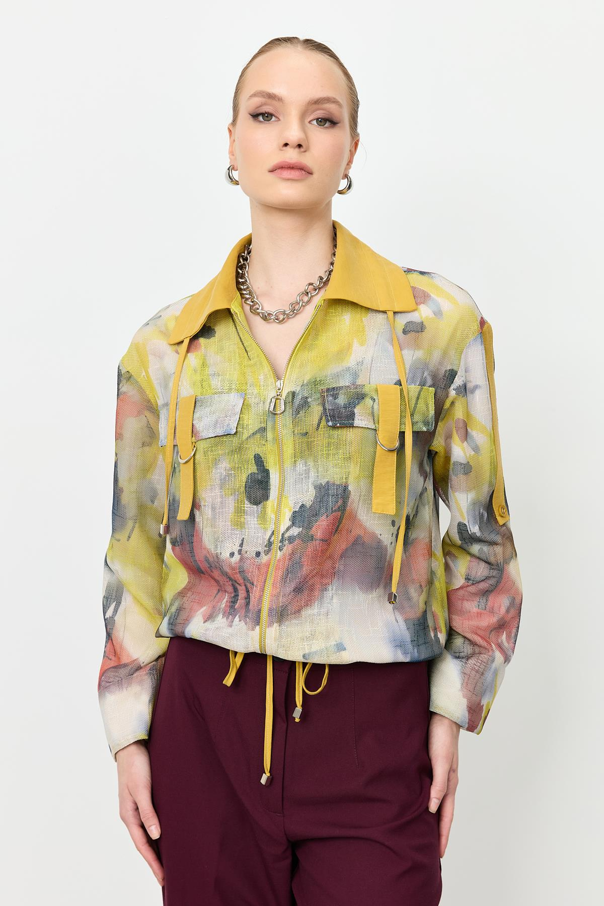 Soyut Desen File Bluz-SARI