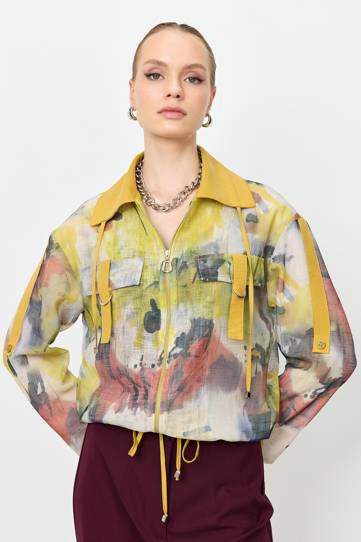 Soyut Desen File Bluz-SARI