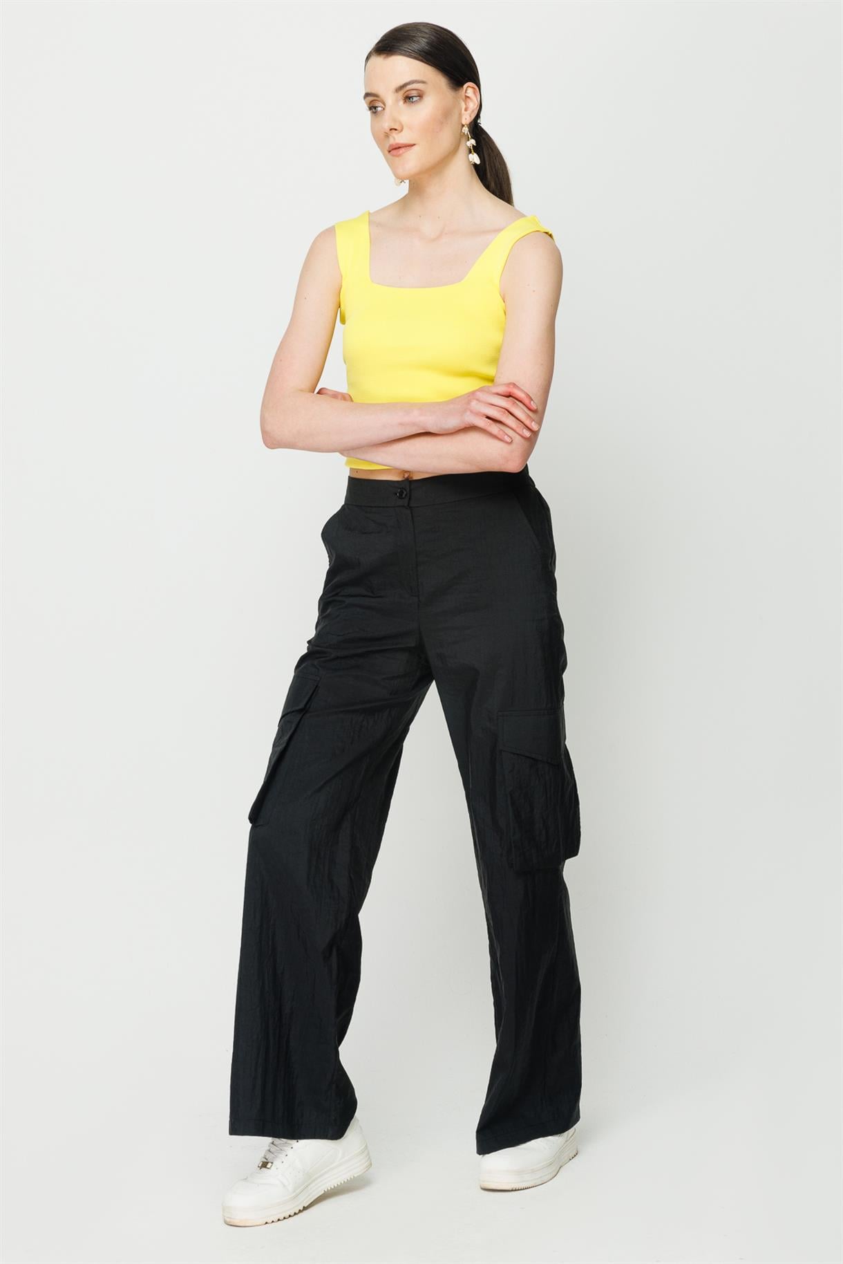Straight Fit Paraşüt Kargo Pantolon - SİYAH