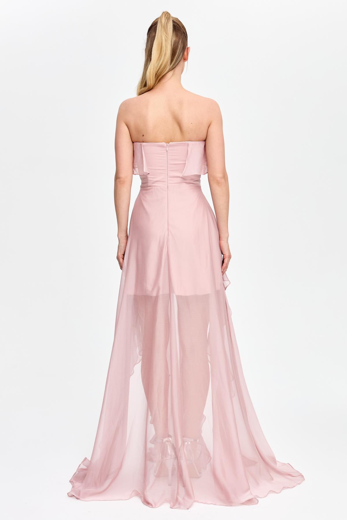 Straplez Yaka Volan Detaylı Uzun Abiye - PUDRA