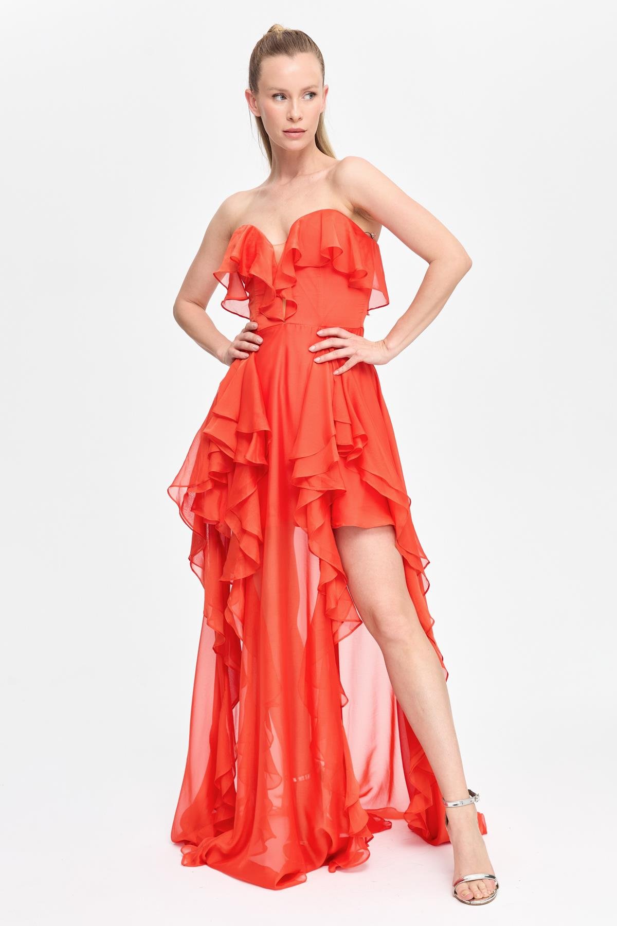 Straplez Yaka Volan Detaylı Uzun Abiye - ORANJE