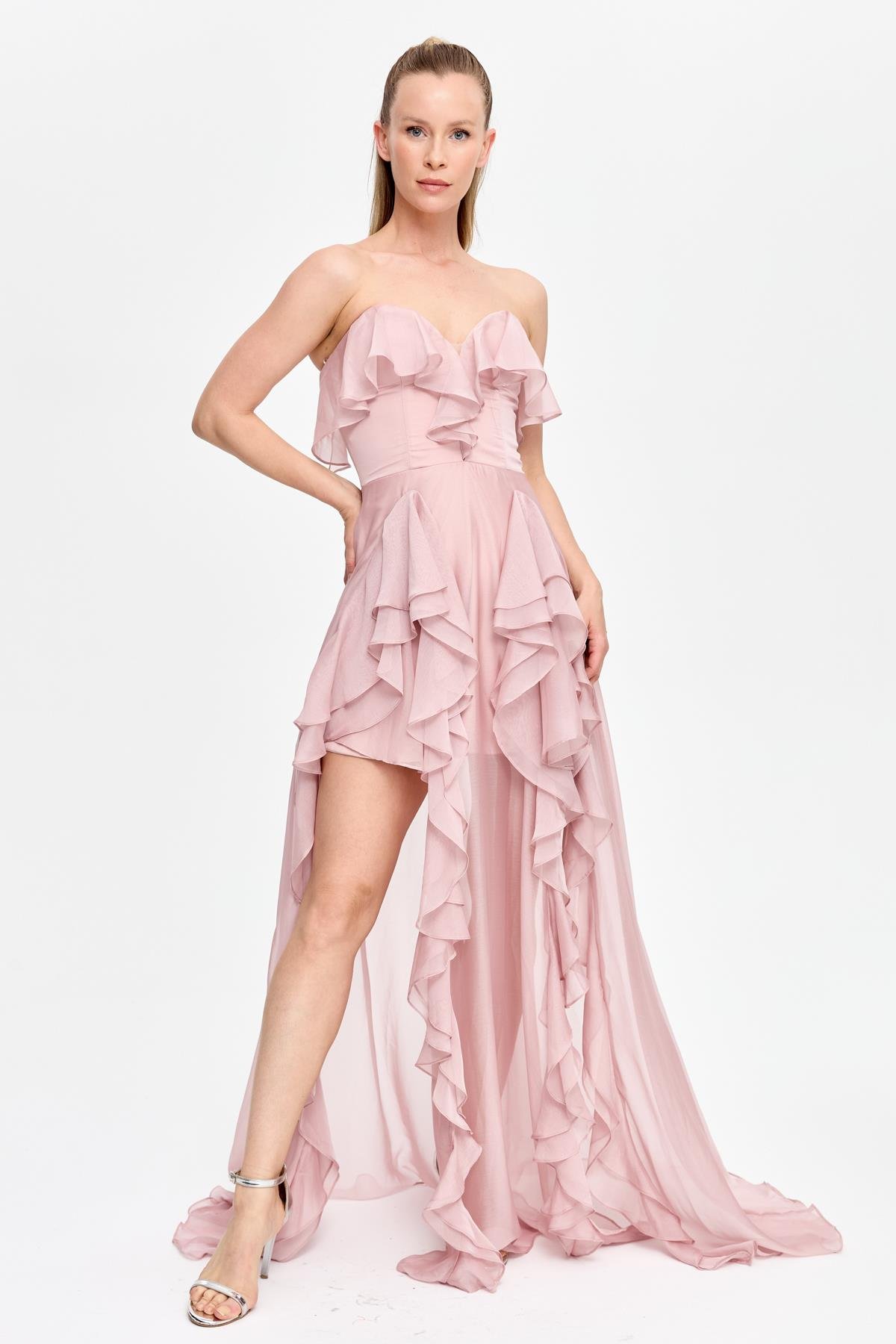 Straplez Yaka Volan Detaylı Uzun Abiye - PUDRA