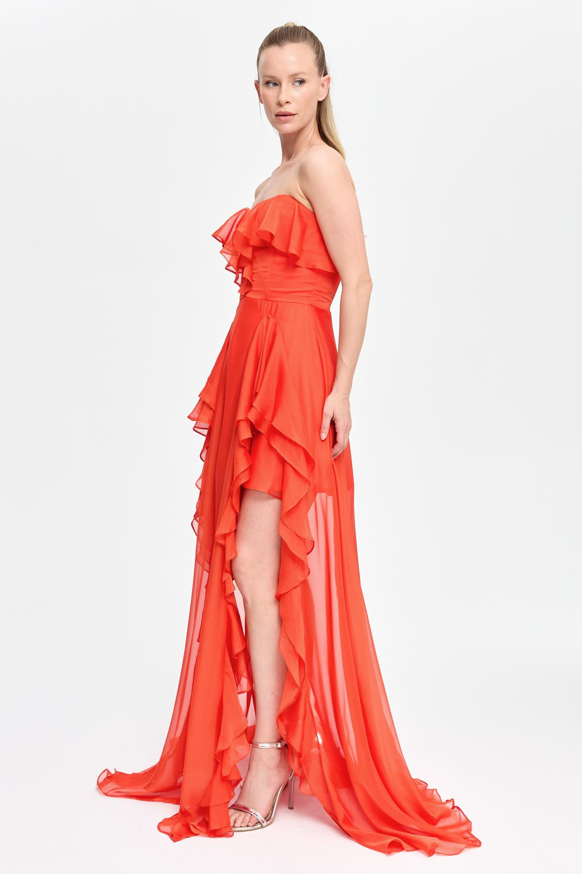 Straplez Yaka Volan Detaylı Uzun Abiye - ORANJE