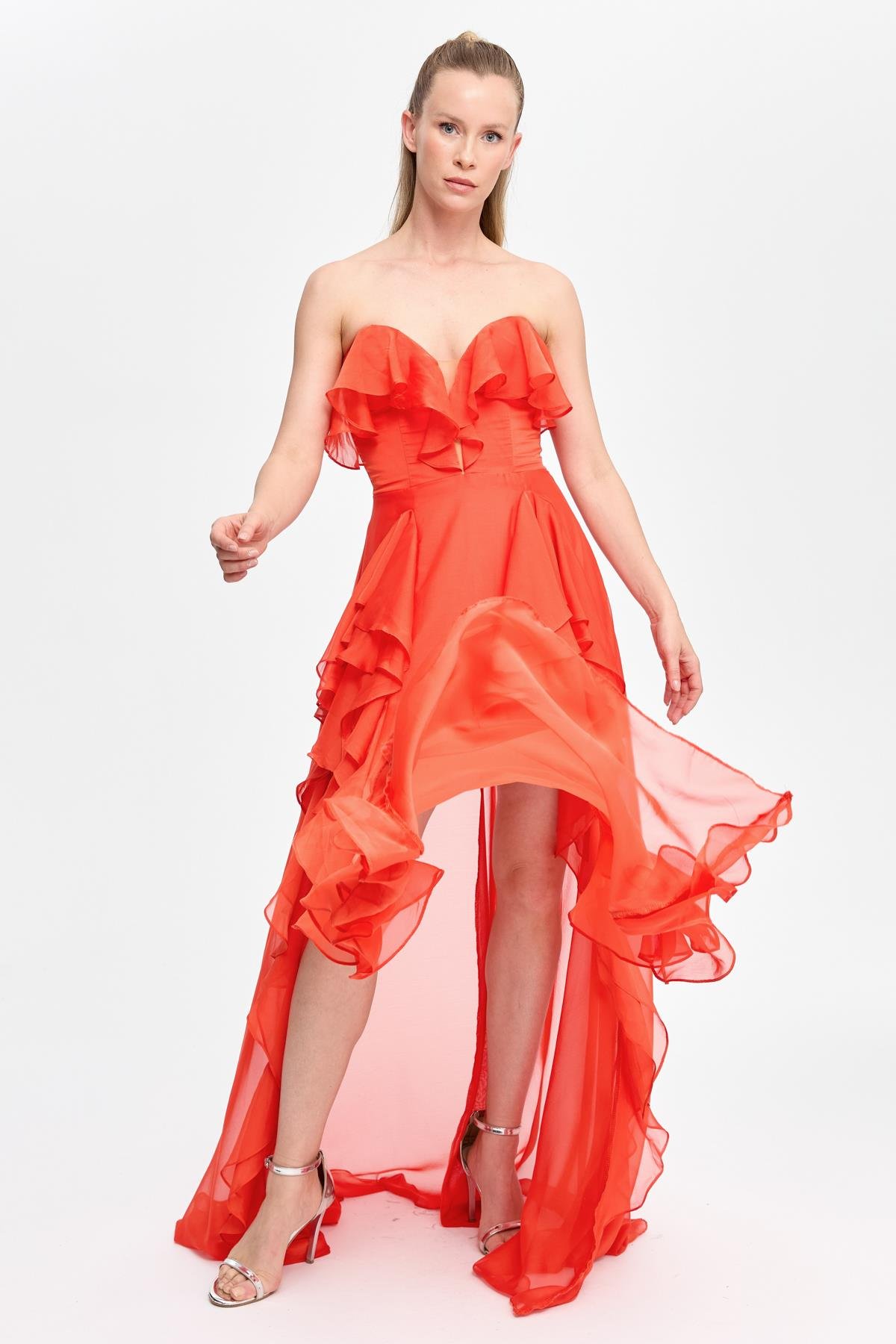 Straplez Yaka Volan Detaylı Uzun Abiye - ORANJE