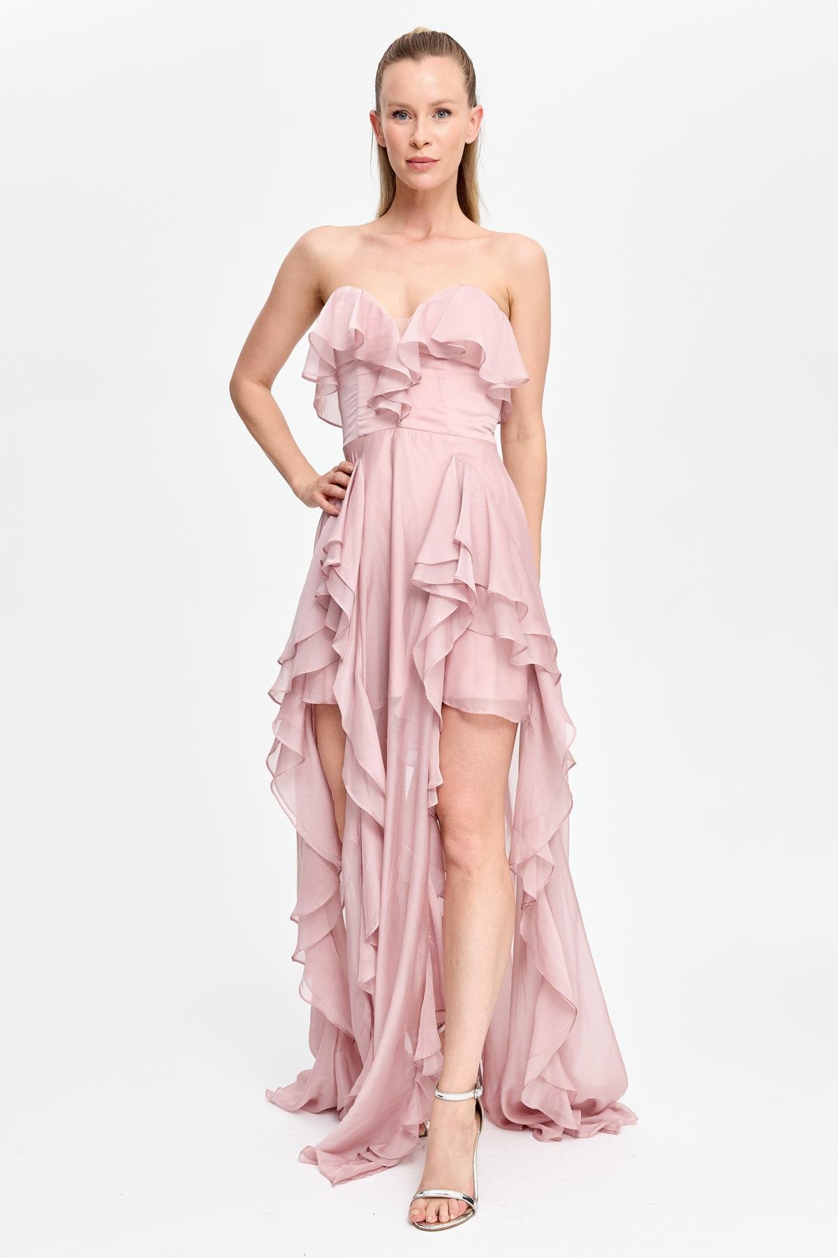 Straplez Yaka Volan Detaylı Uzun Abiye - PUDRA