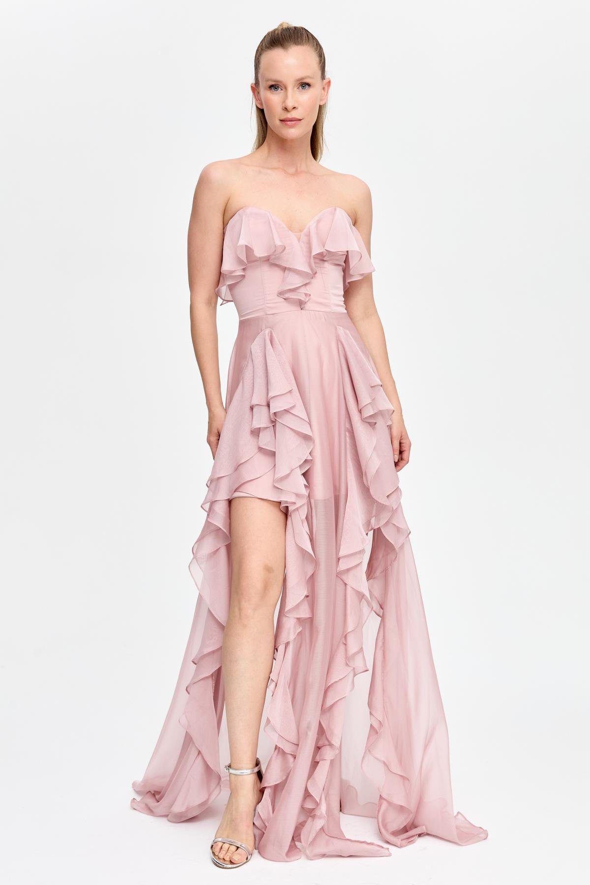 Straplez Yaka Volan Detaylı Uzun Abiye - PUDRA