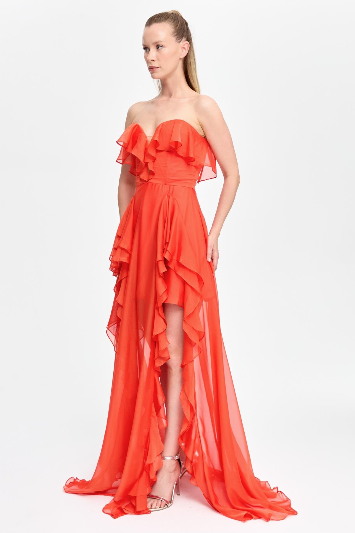 Straplez Yaka Volan Detaylı Uzun Abiye - ORANJE