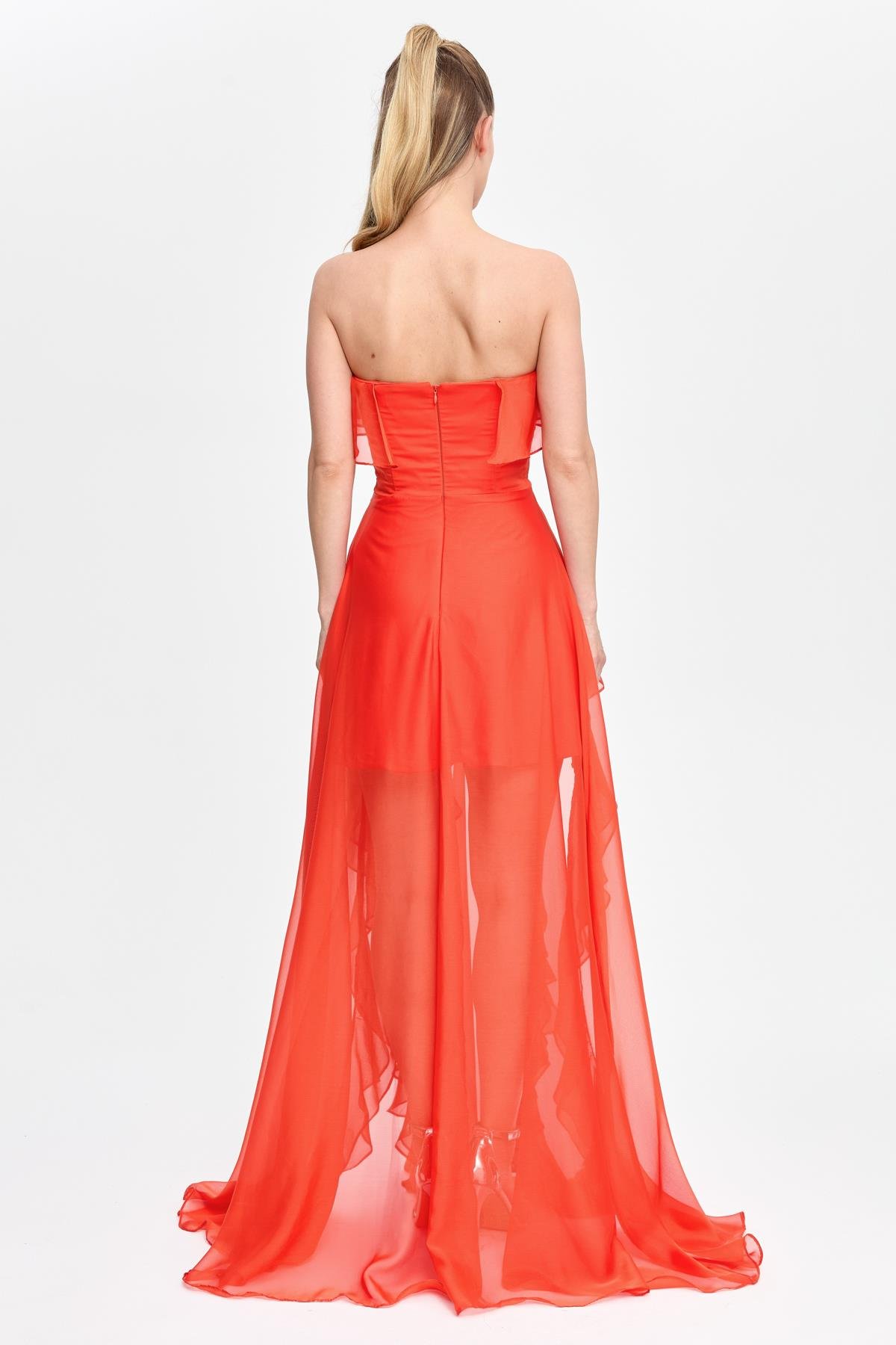 Straplez Yaka Volan Detaylı Uzun Abiye - ORANJE