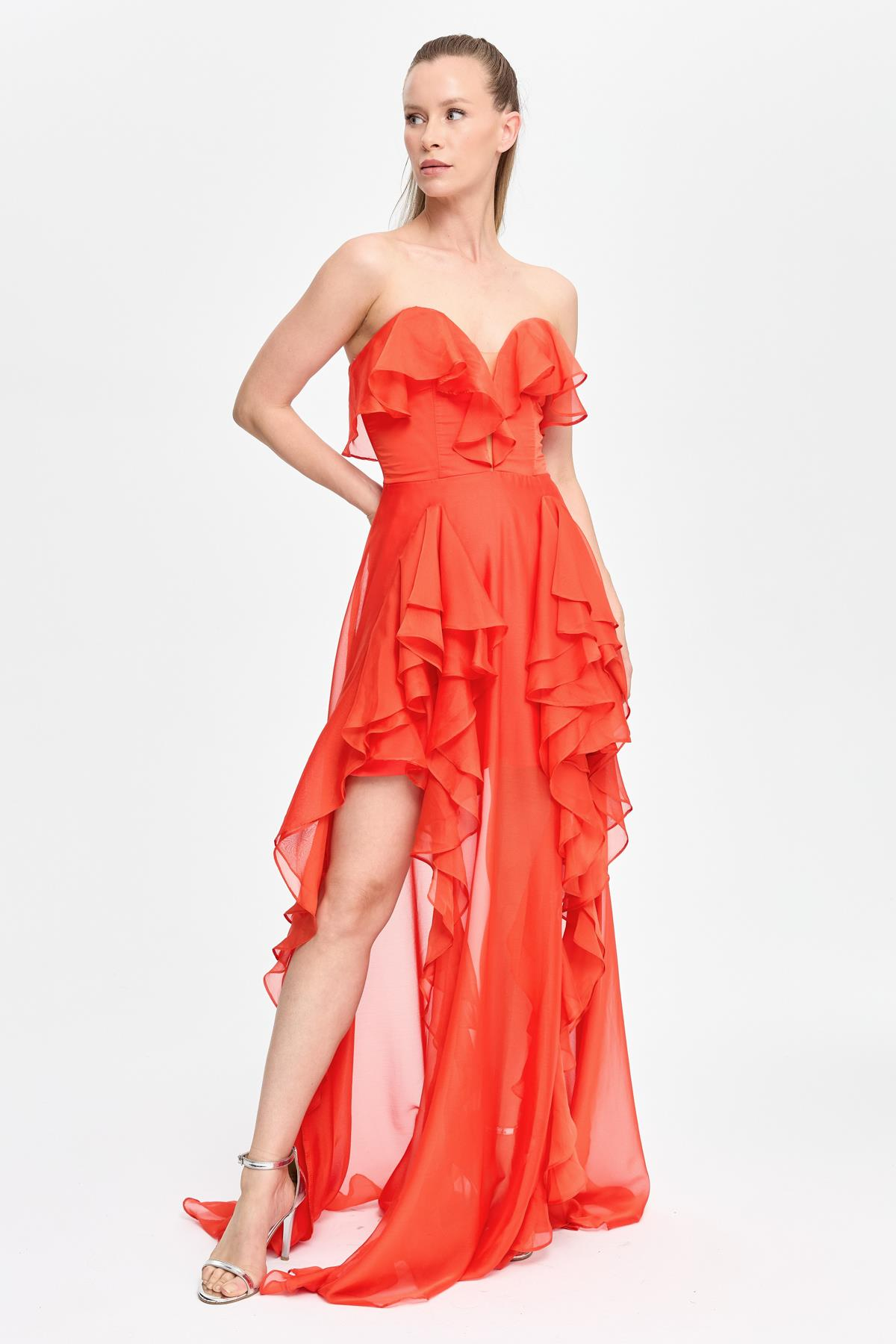 Straplez Yaka Volan Detaylı Uzun Abiye - ORANJE