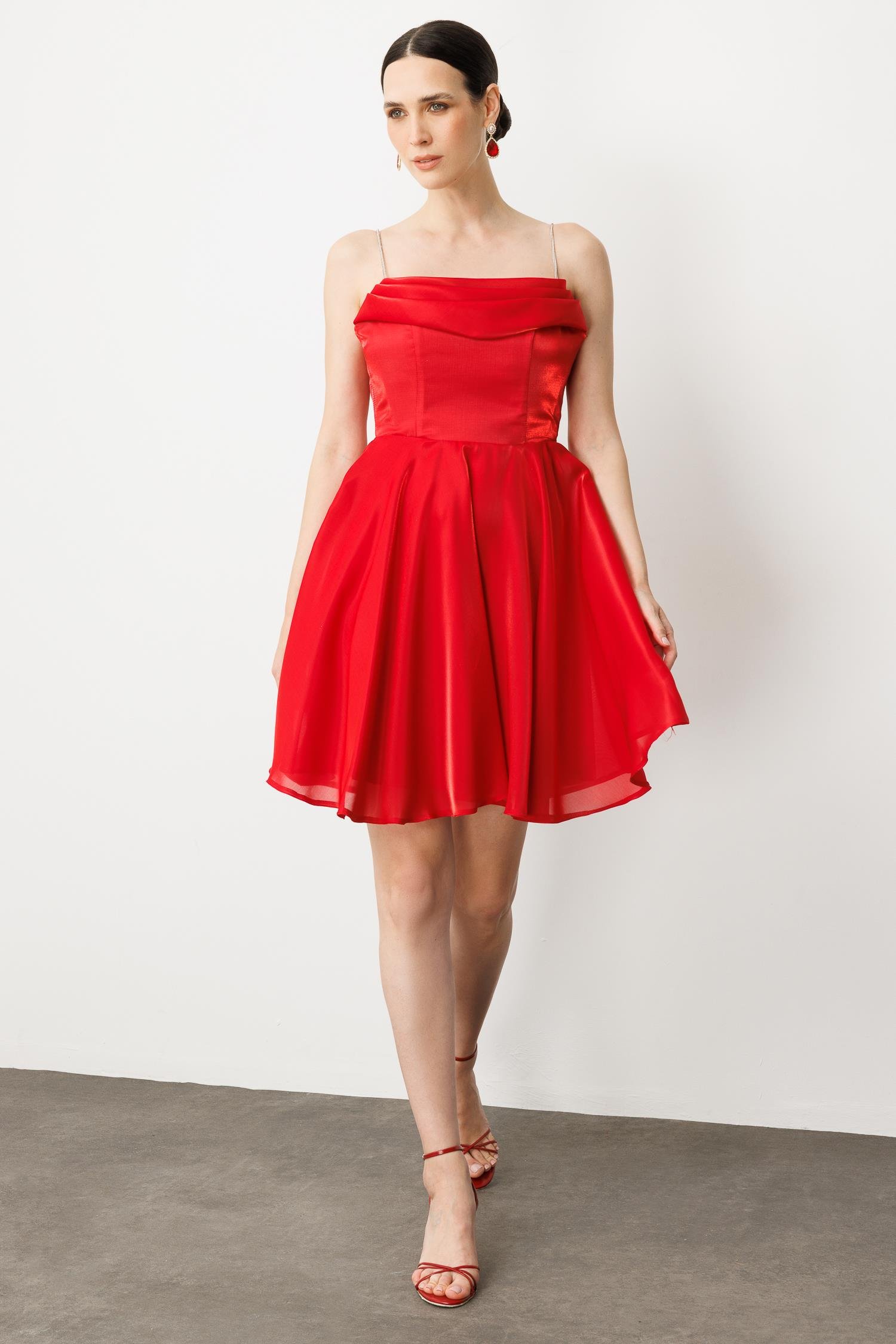 Taş Askı Kısa Abiye Elbise-KIRMIZI