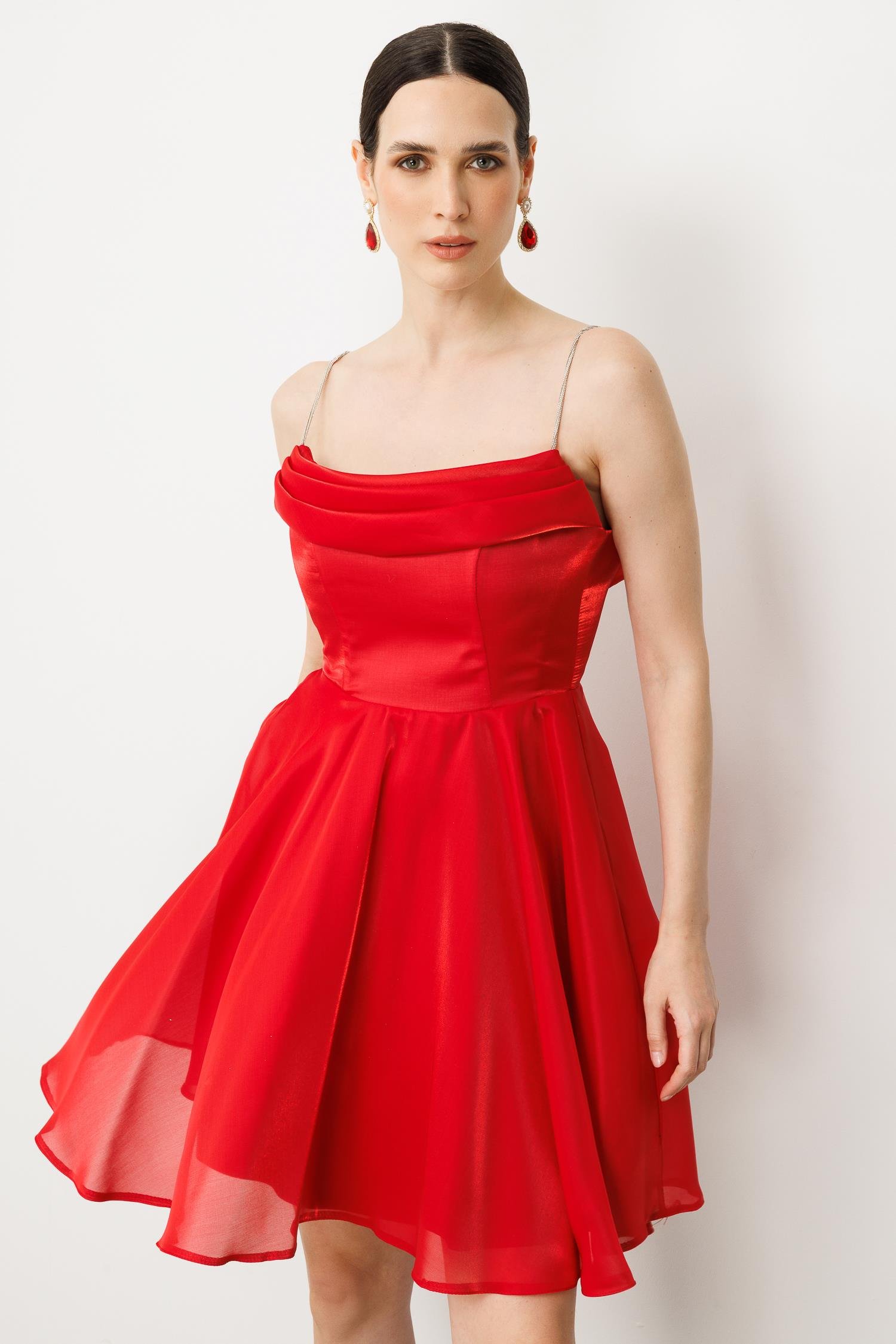 Taş Askı Kısa Abiye Elbise-KIRMIZI