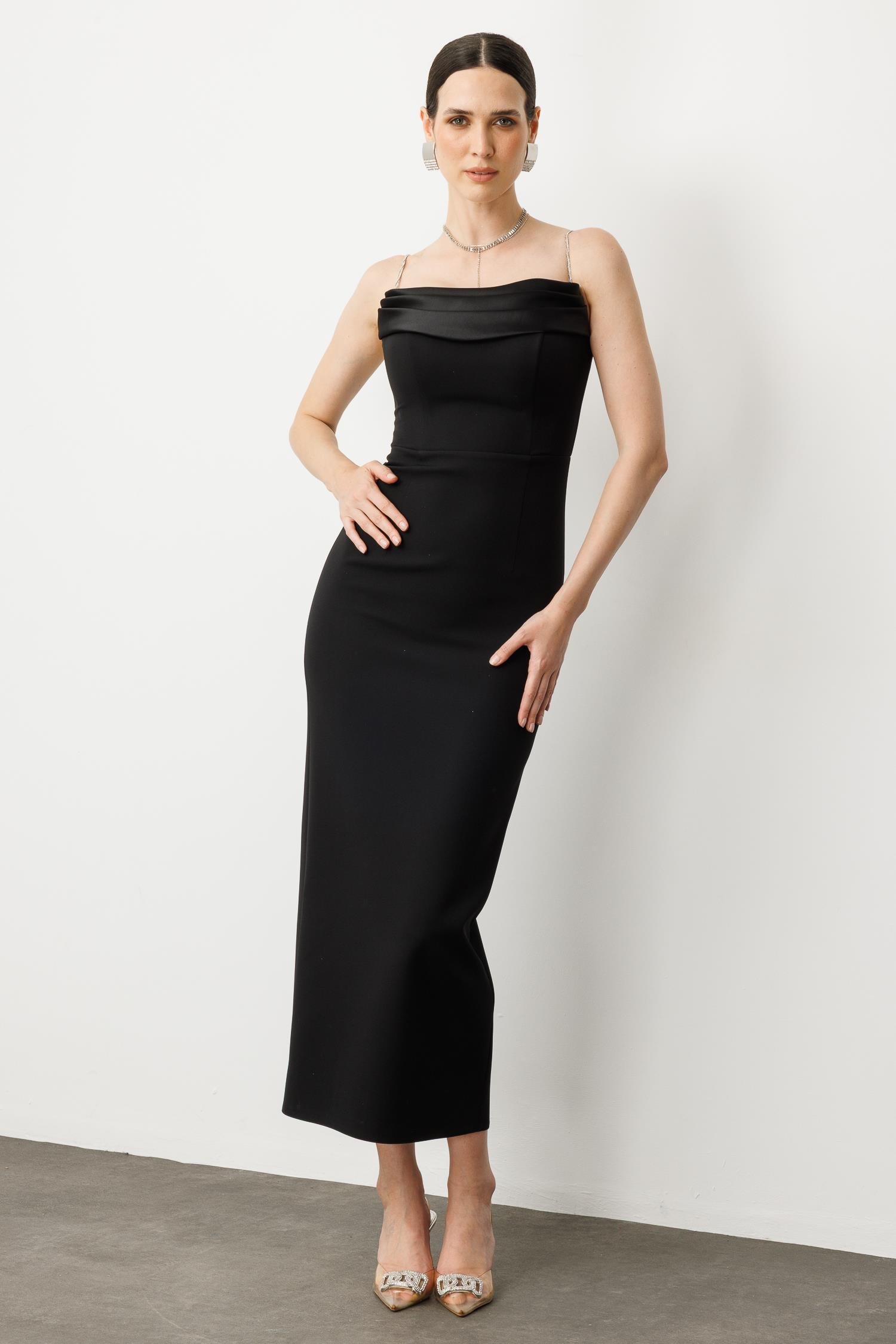 Taş Askı Yırtmaç Detay Abiye Elbise-SİYAH