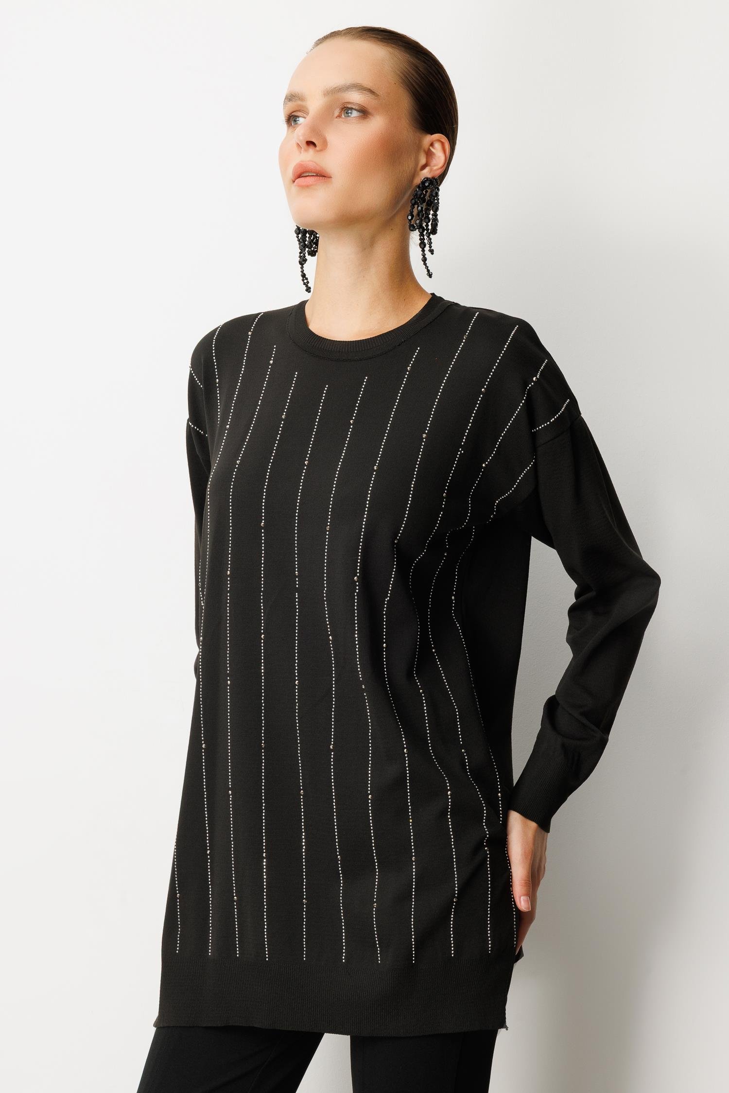 Taş Desen Çizgili Triko Tunik Kazak-SİYAH