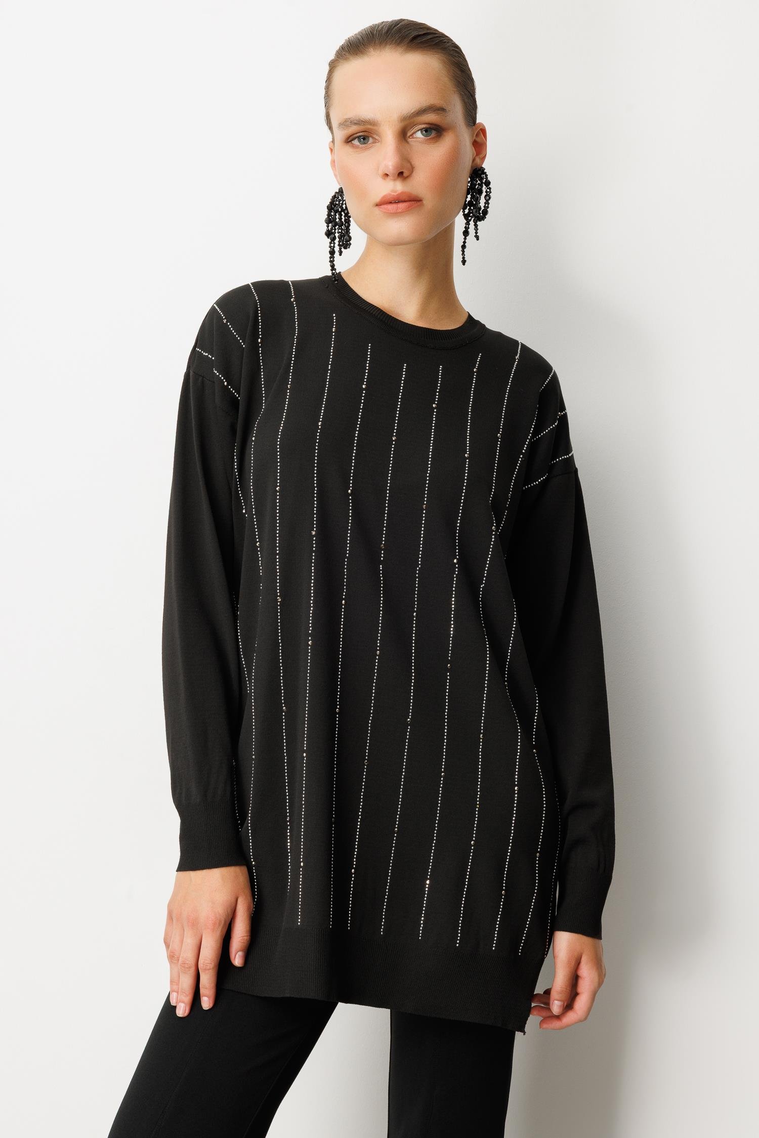 Taş Desen Çizgili Triko Tunik Kazak-SİYAH