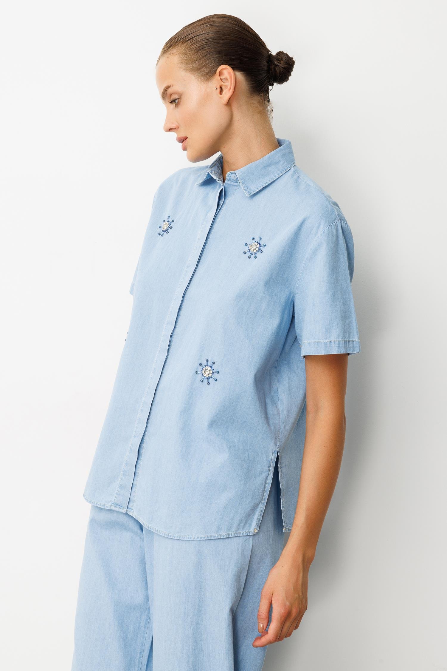 Taş Desen Pamuklu Kot Gömlek-MAVİ