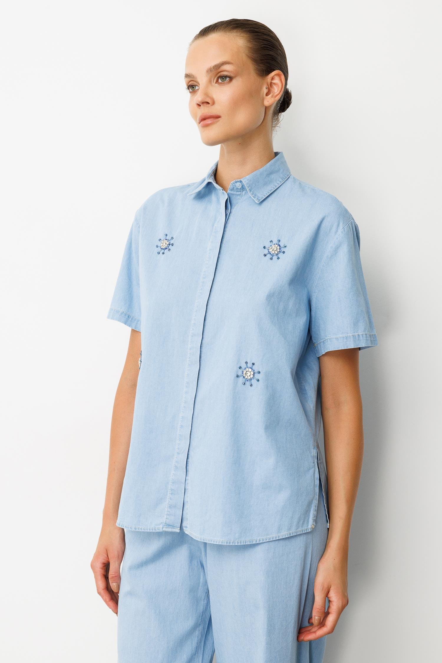 Taş Desen Pamuklu Kot Gömlek-MAVİ