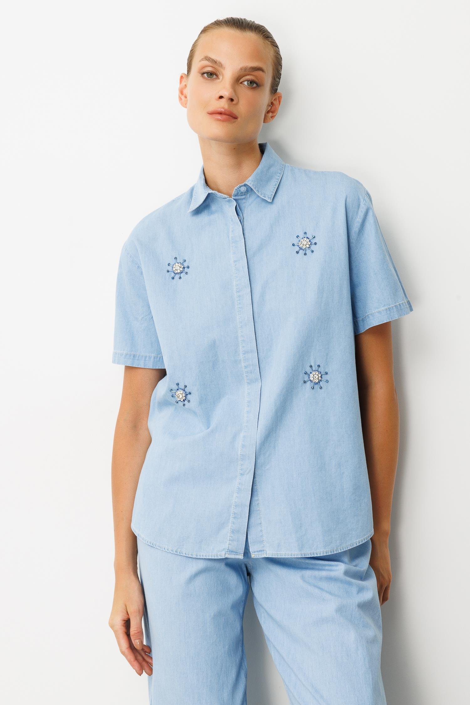 Taş Desen Pamuklu Kot Gömlek-MAVİ