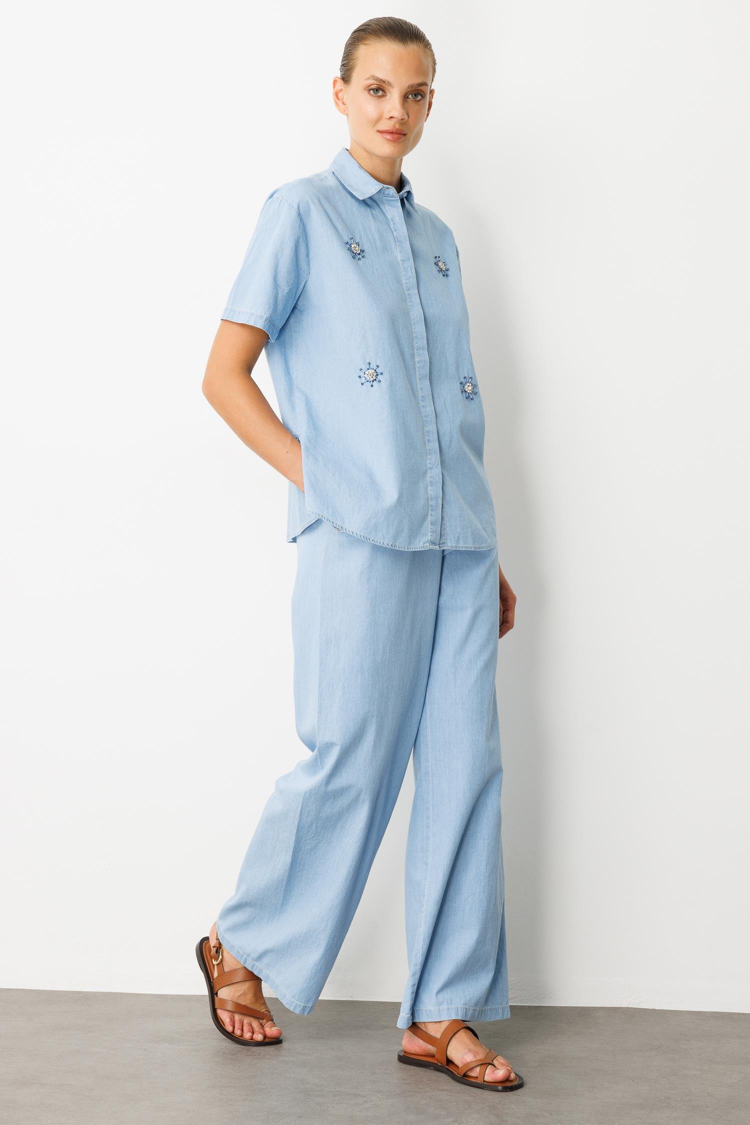 Taş Desen Pamuklu Kot Gömlek-MAVİ