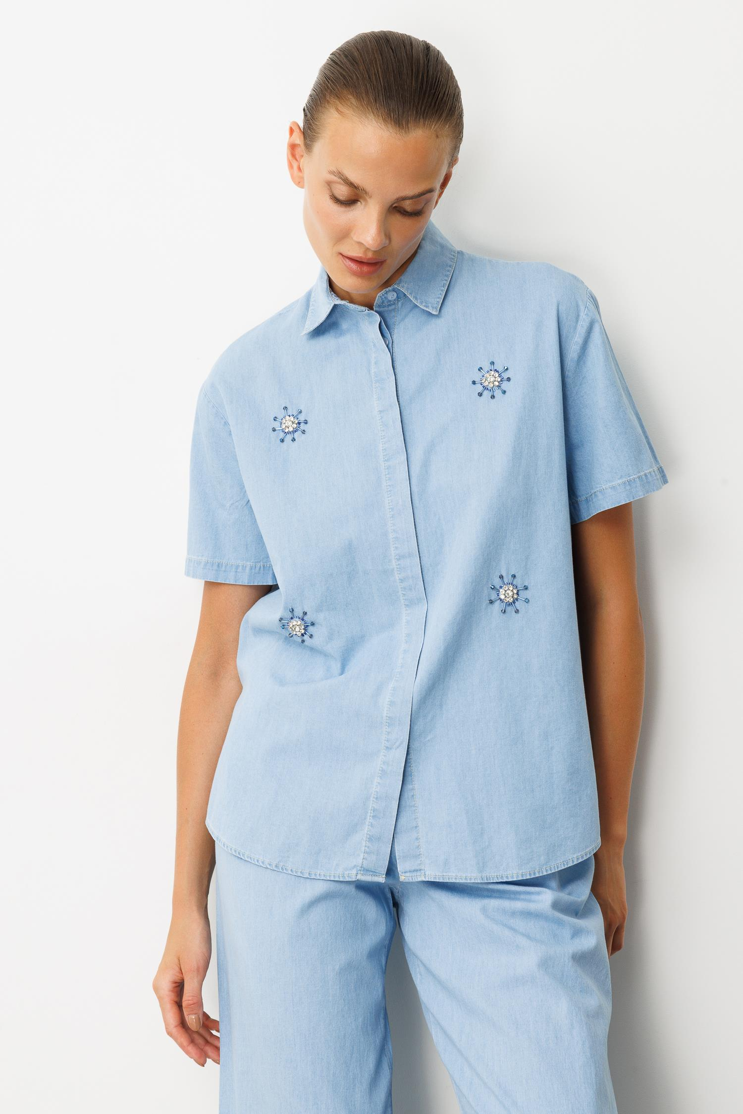 Taş Desen Pamuklu Kot Gömlek-MAVİ