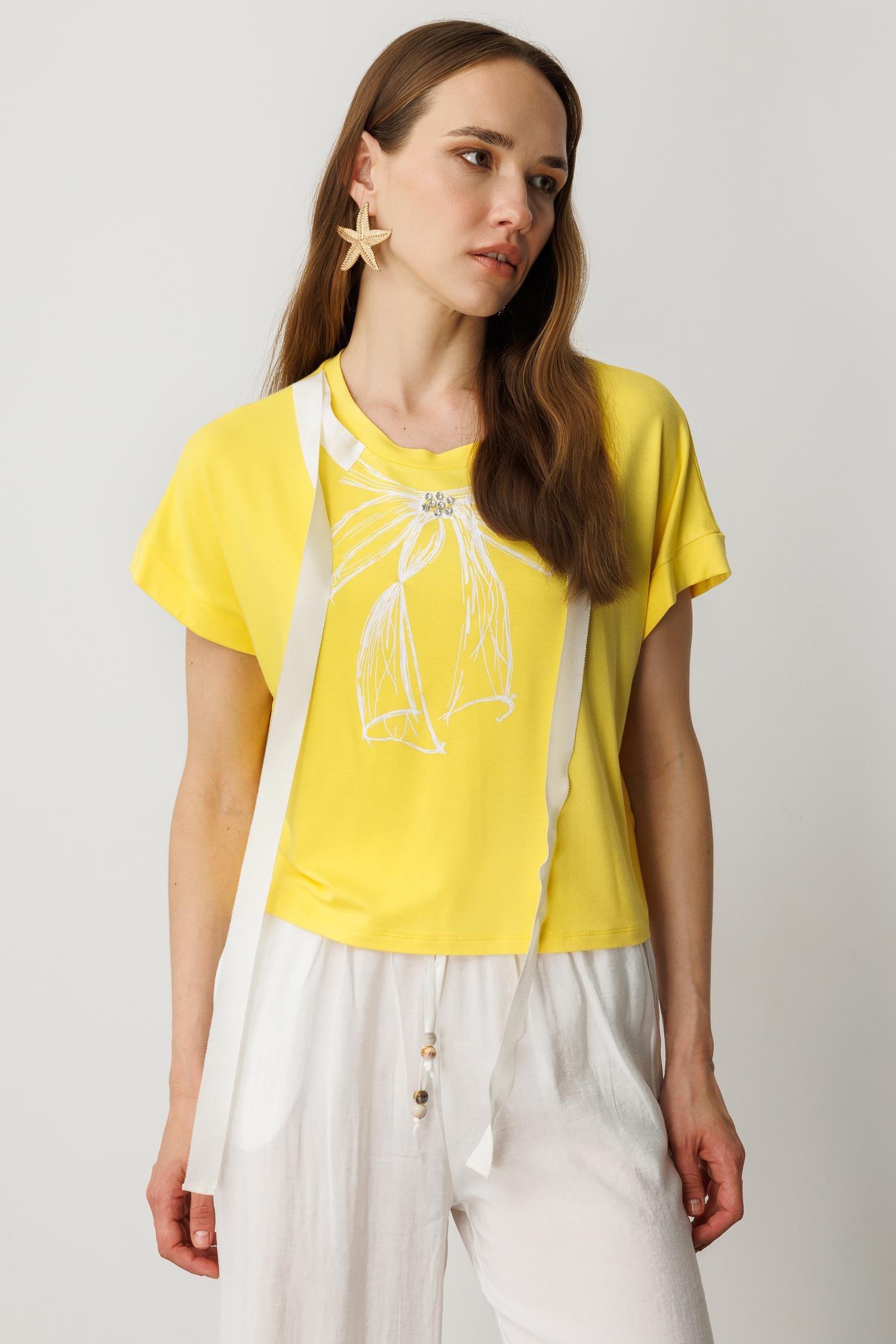 Taş Detay Pamuklu Tişört-SARI
