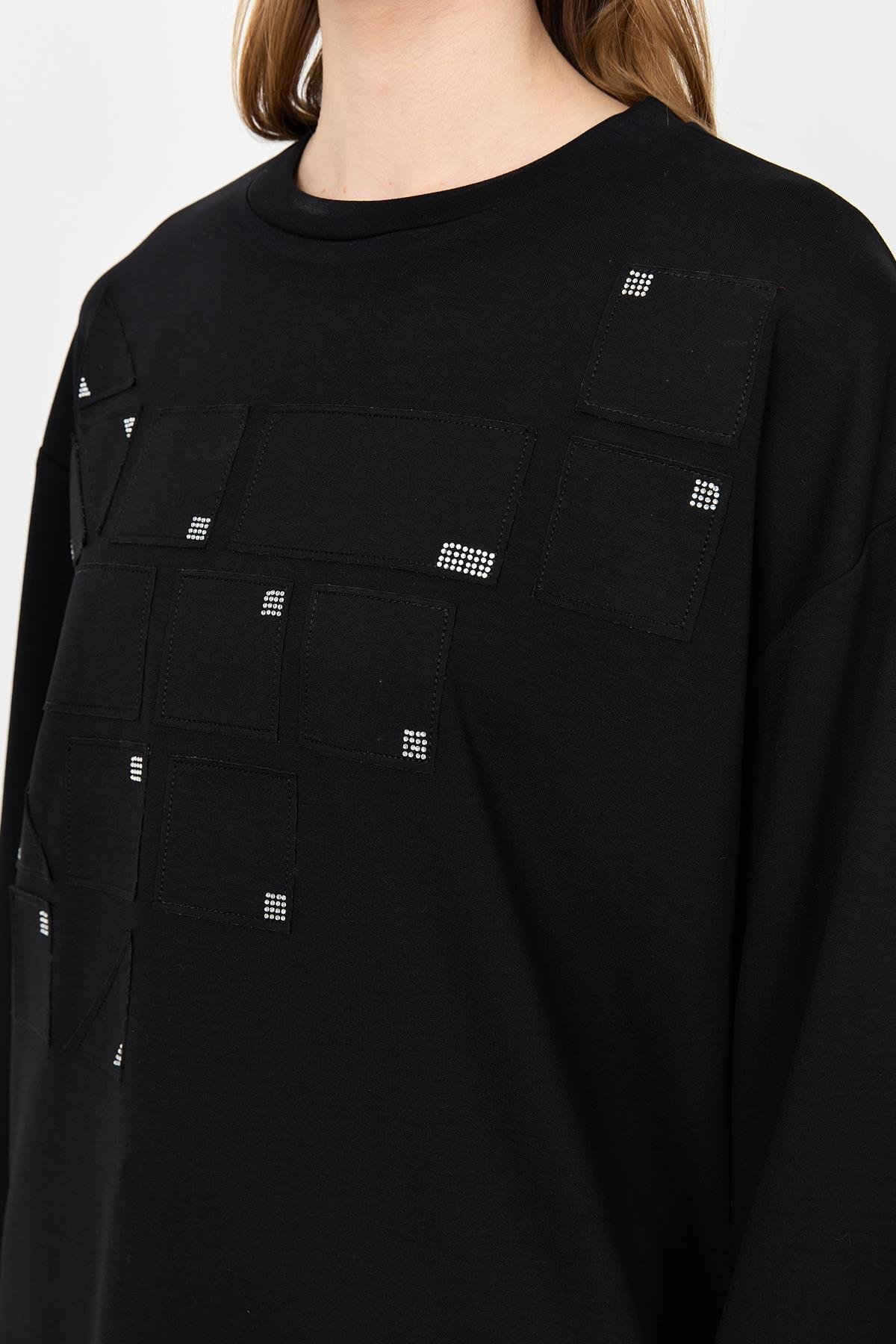 Taş Detay Yırtmaçlı Sweatshirt-SİYAH