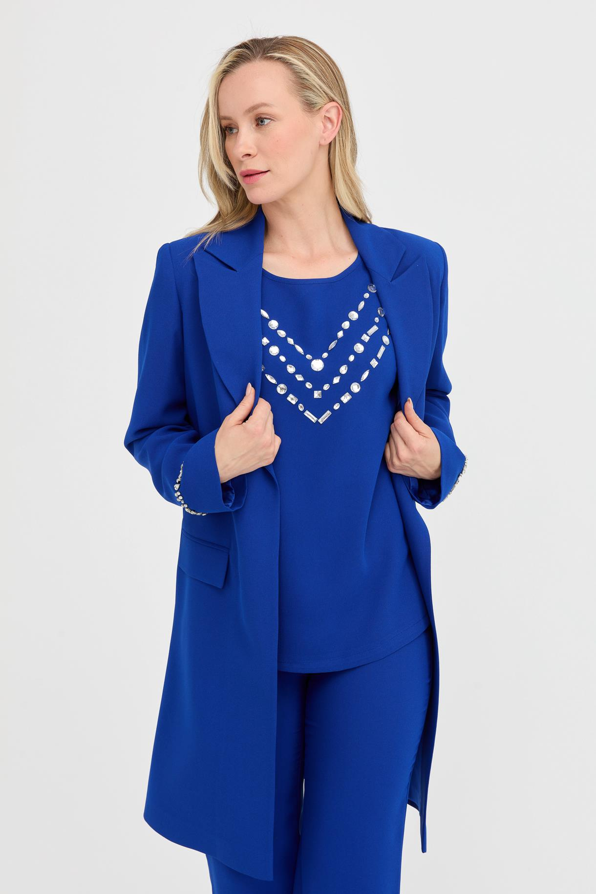Taş Detaylı Ceket Pantolon Üçlü Takım - SAX
