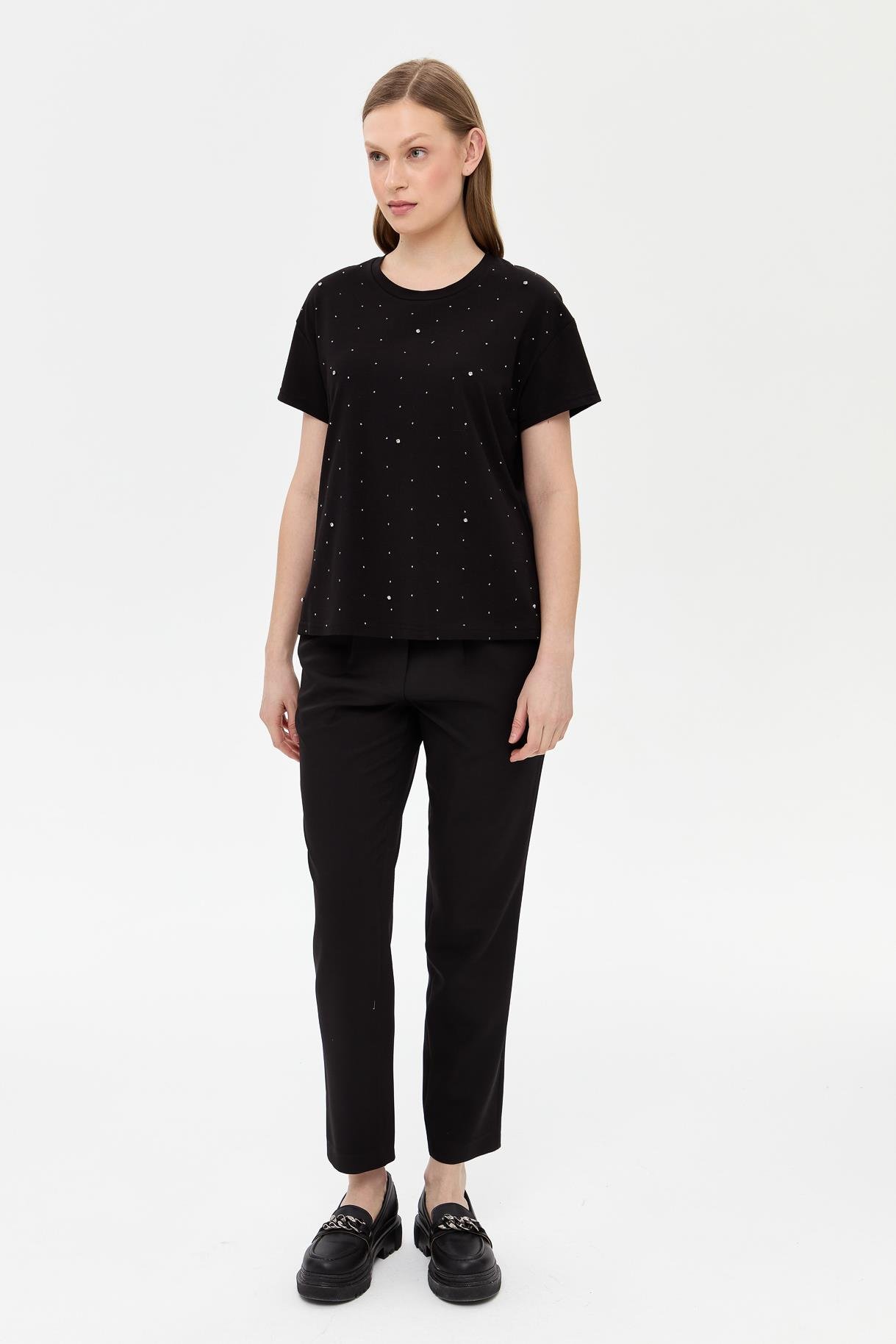Taş Detaylı Kısa Kollu Tişört - SİYAH