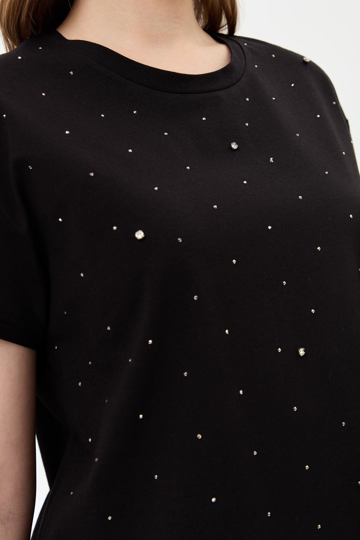 Taş Detaylı Kısa Kollu Tişört - SİYAH