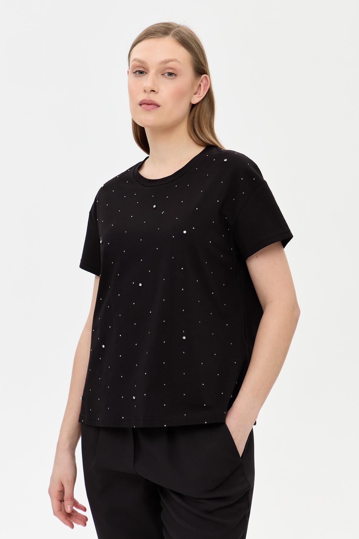 Taş Detaylı Kısa Kollu Tişört - SİYAH
