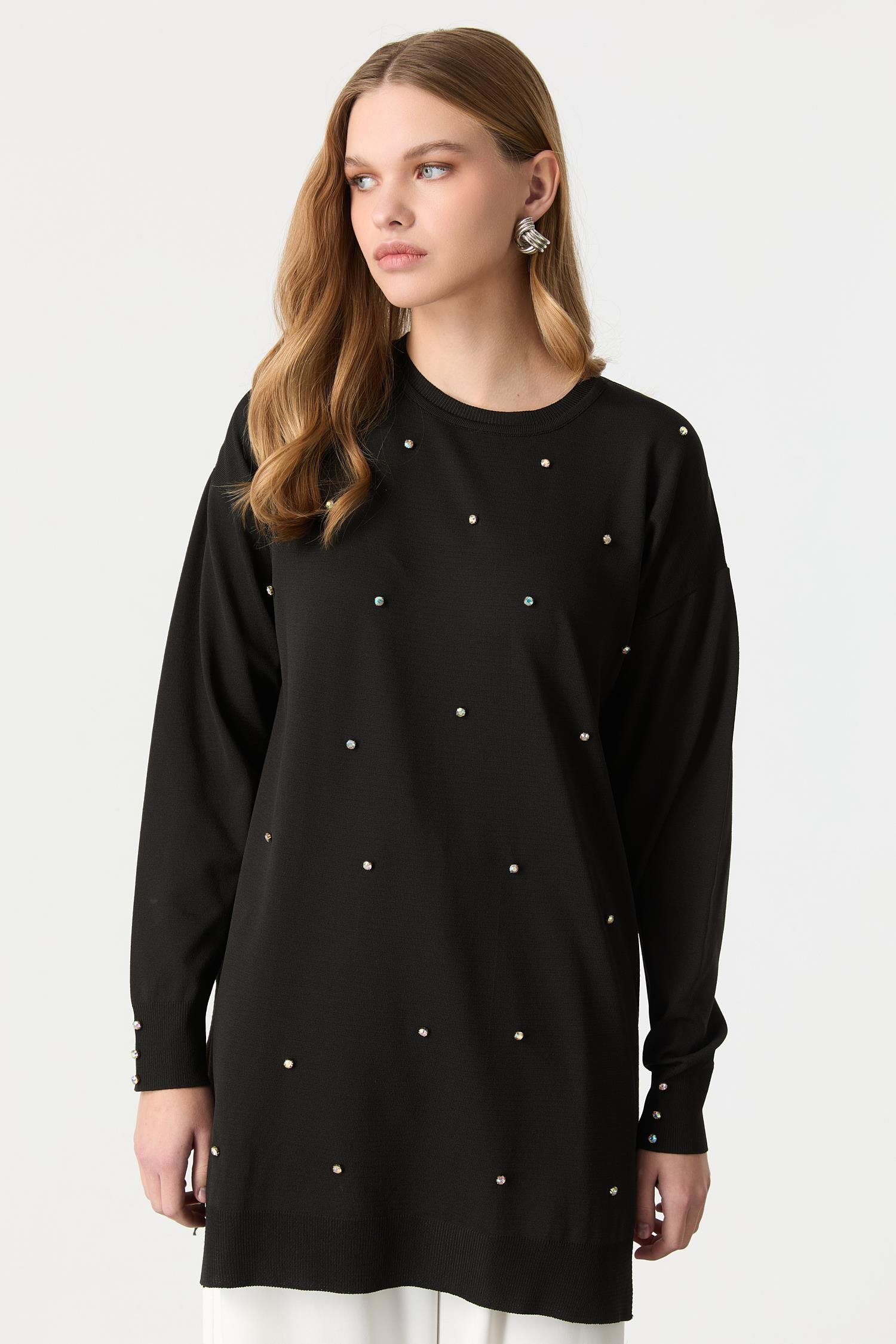 Taş Detaylı Triko Tunik Kazak-SİYAH