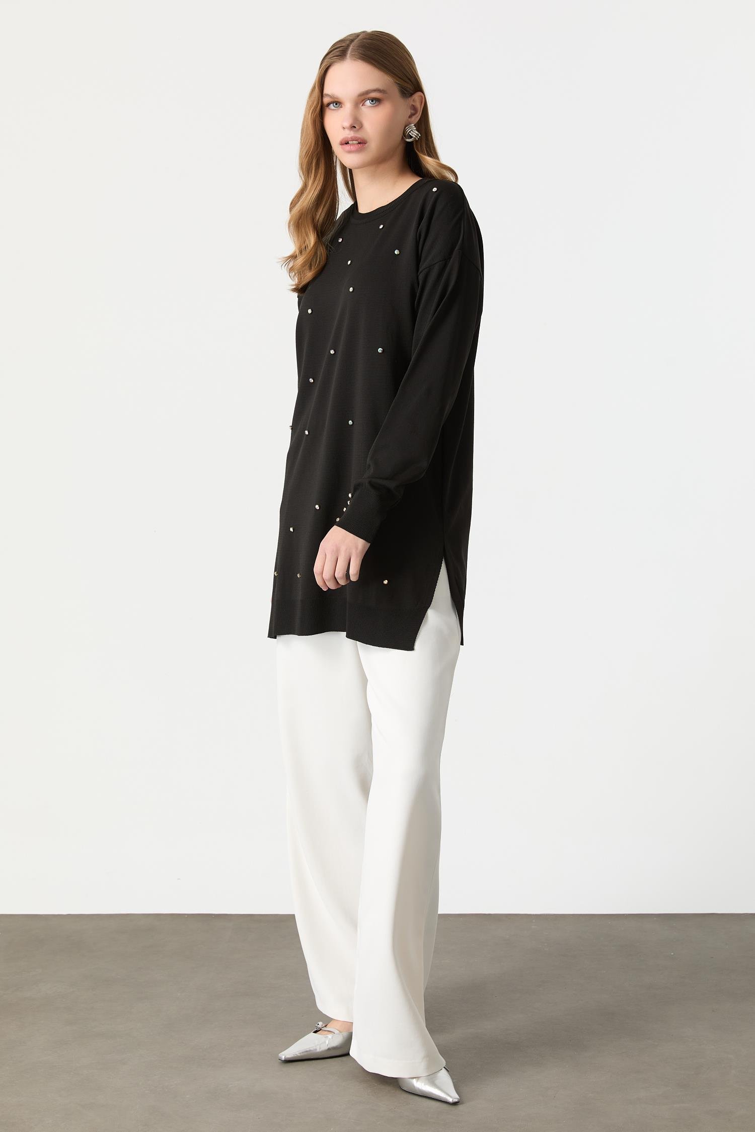 Taş Detaylı Triko Tunik Kazak-SİYAH