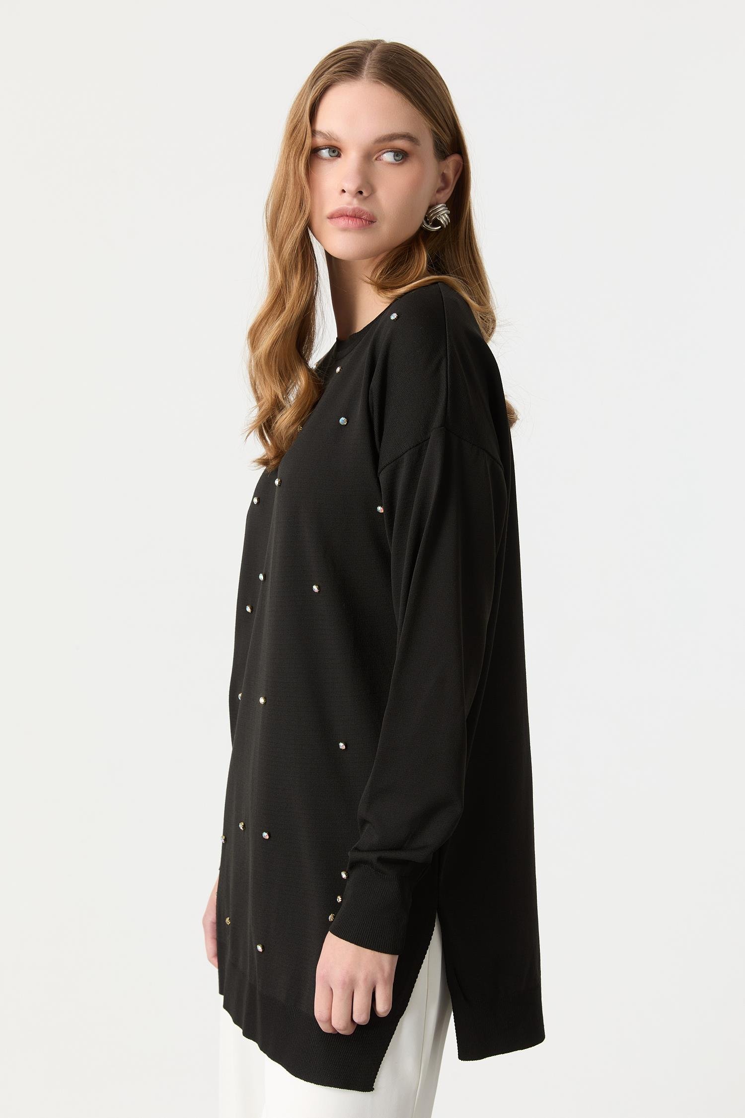 Taş Detaylı Triko Tunik Kazak-SİYAH