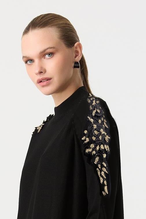 Taş İşleme Detaylı Triko Elbise-SİYAH