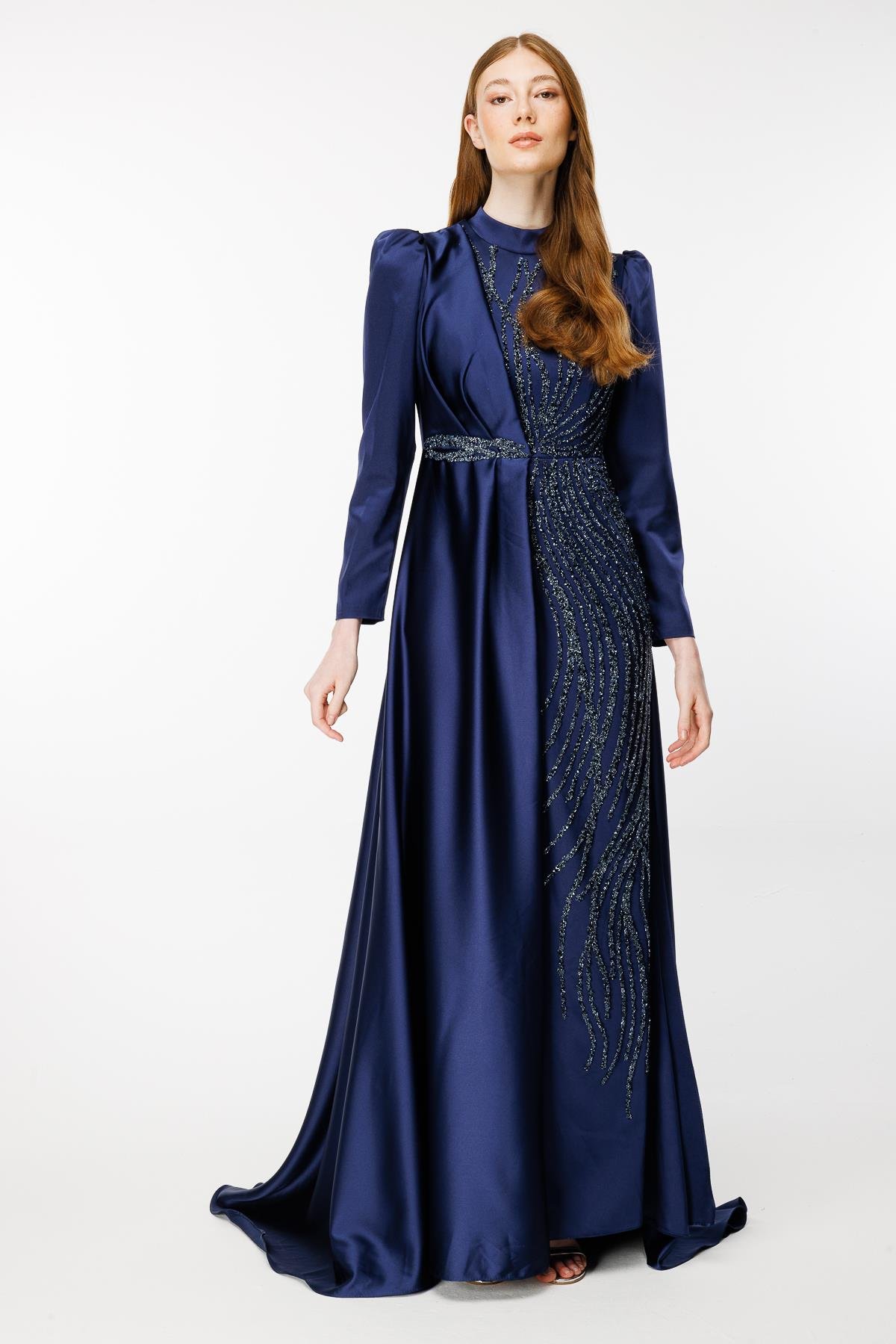 Taş İşlemeli Saten Uzun Abiye - LACI