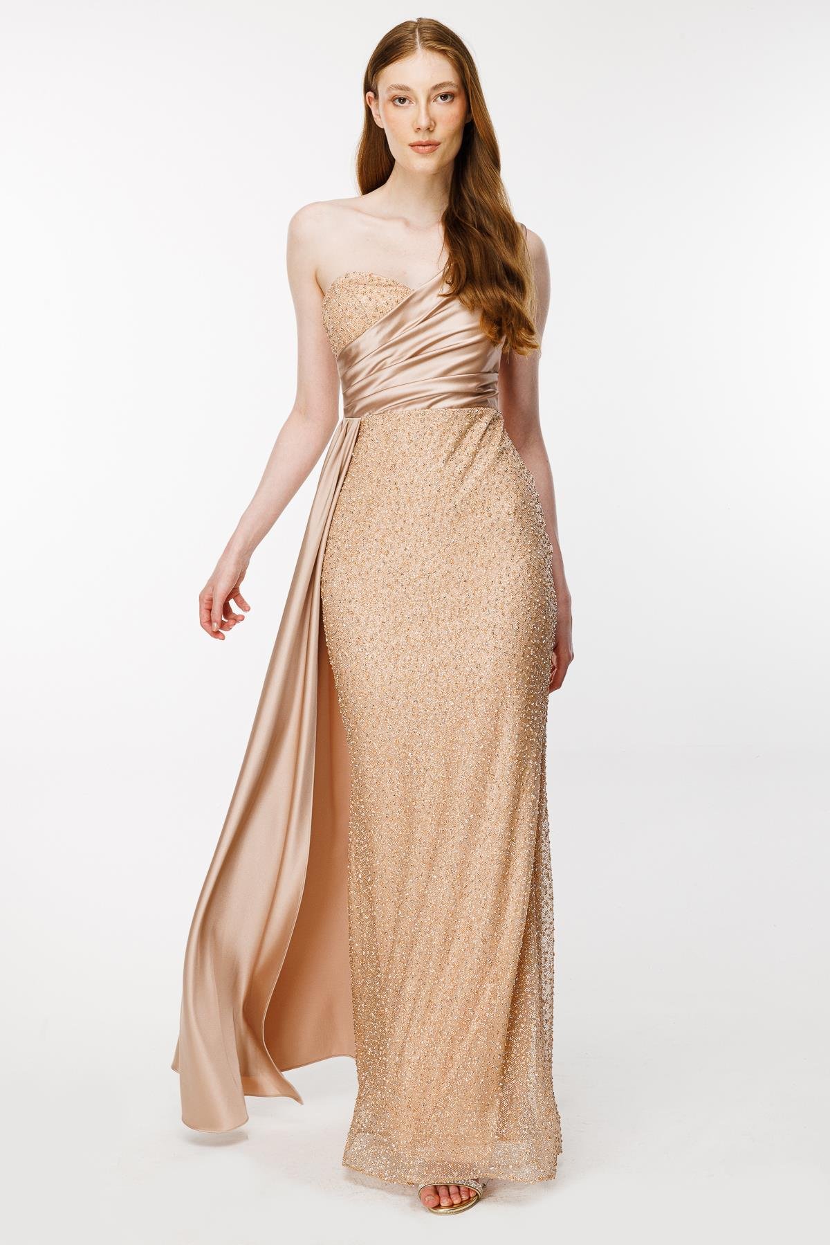 Taş İşlemeli Tek Omuz Uzun Abiye - GOLD