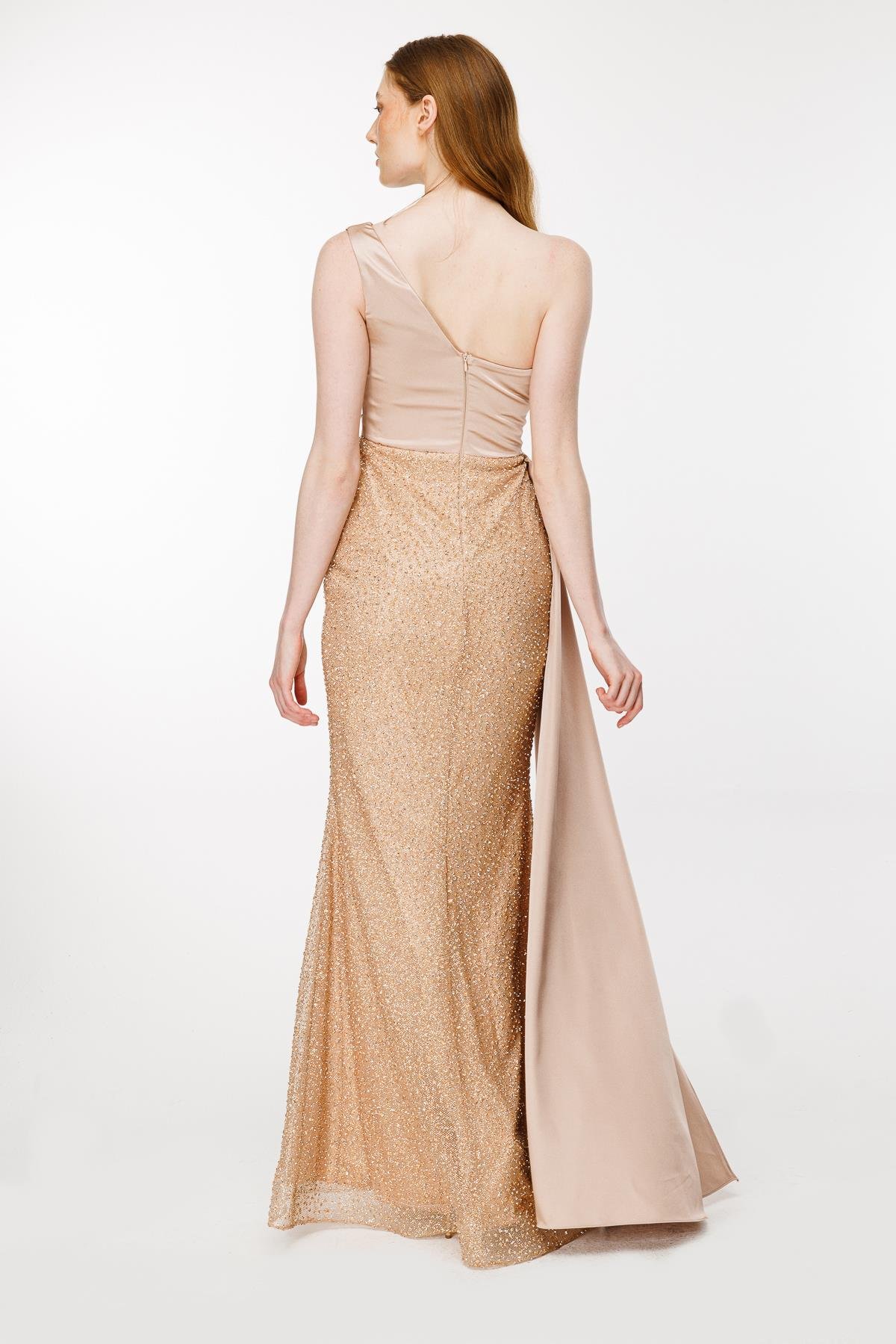 Taş İşlemeli Tek Omuz Uzun Abiye - GOLD