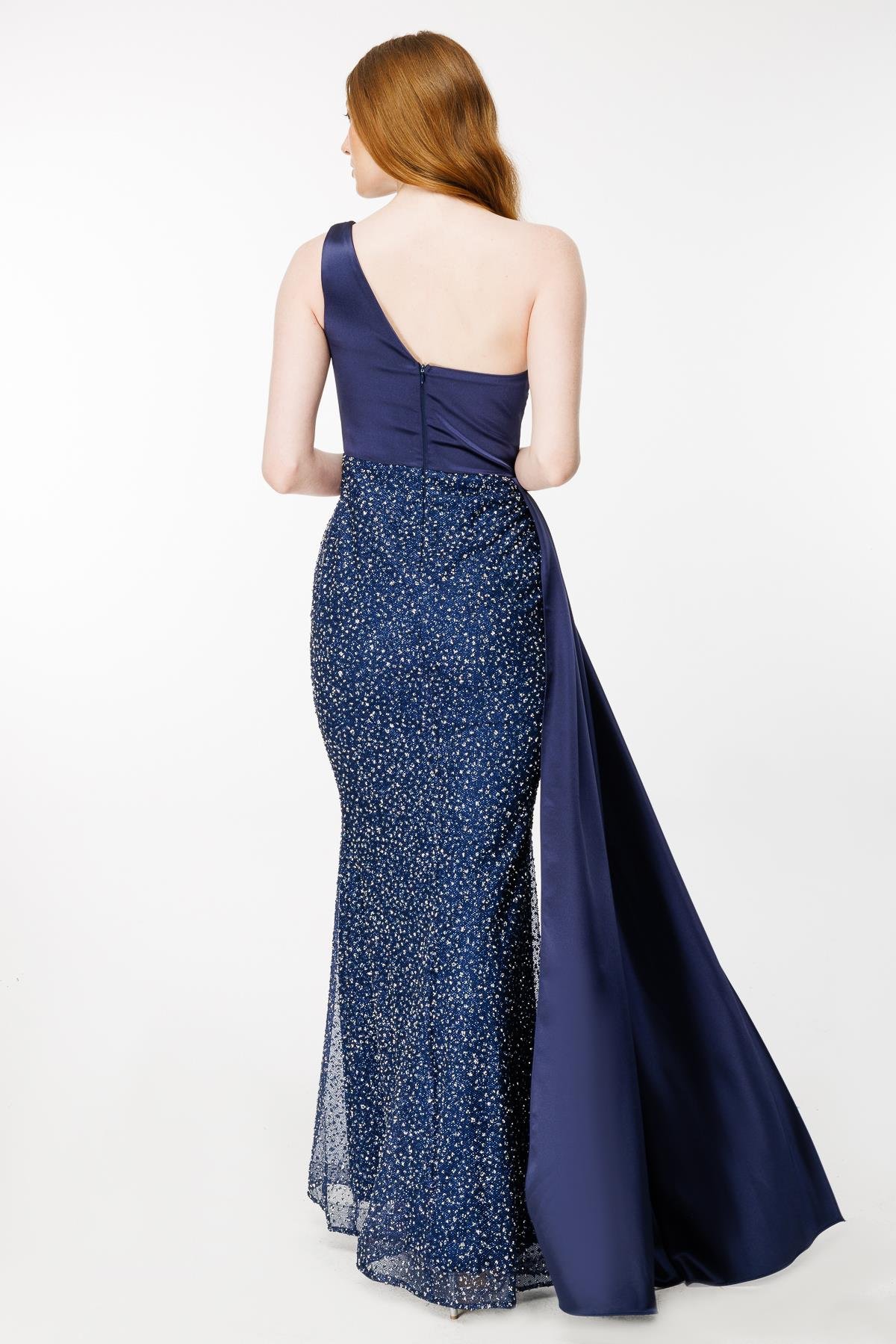 Taş İşlemeli Tek Omuz Uzun Abiye - LACI