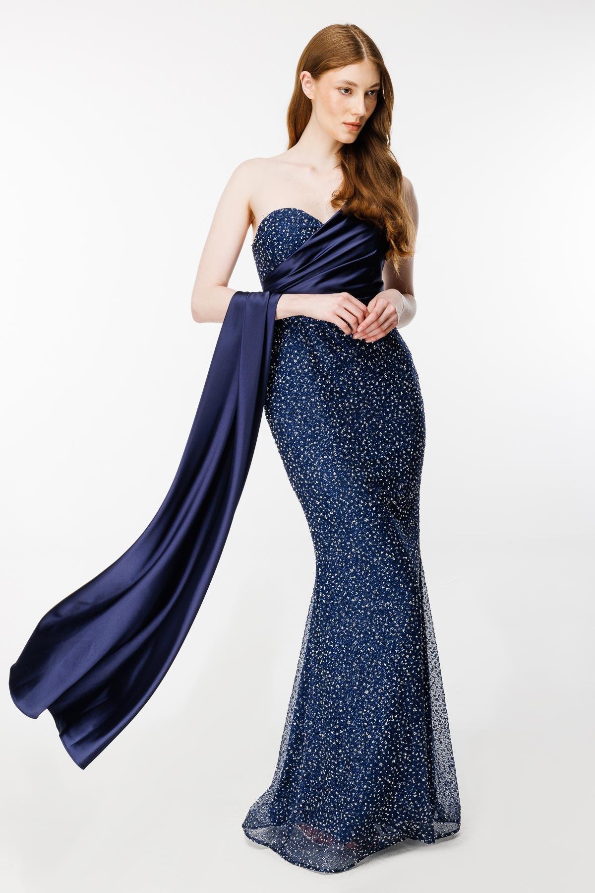 Taş İşlemeli Tek Omuz Uzun Abiye - LACI